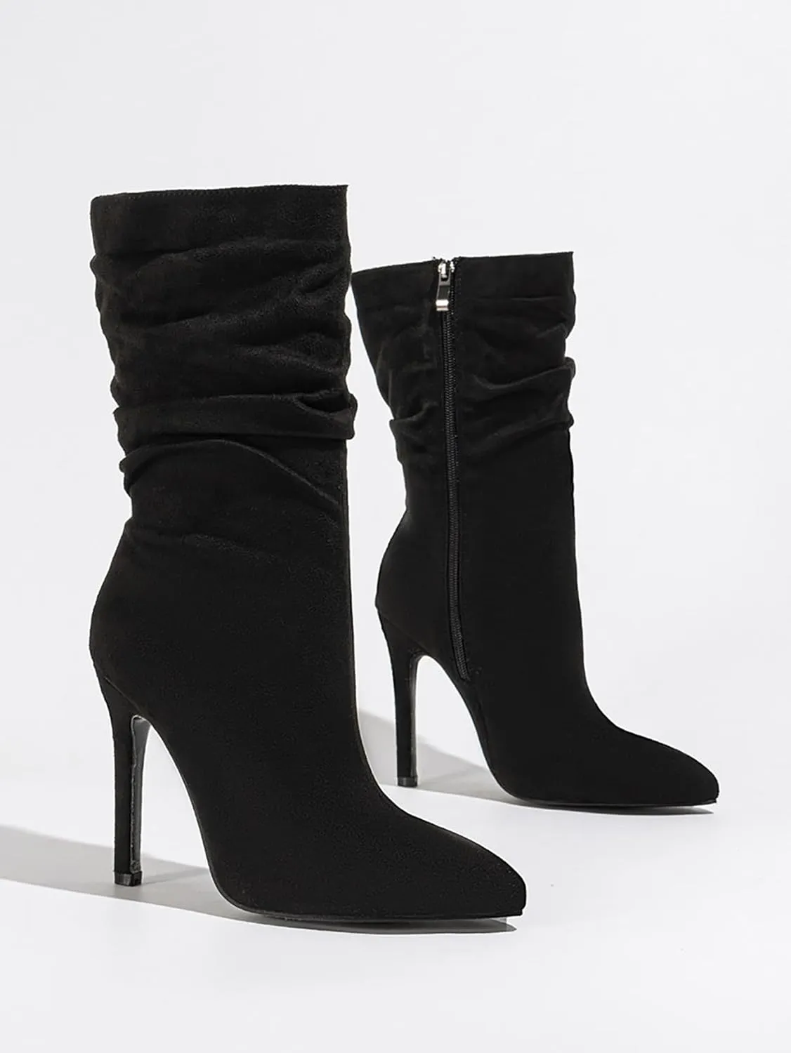 Women'S Pointed Toe Stiletto Heels Casual Mid-Calf Boots With Side Zipper,Soft Suede Slouchy Pleated High Heel Short Boots,Sexy Party Dress Boots