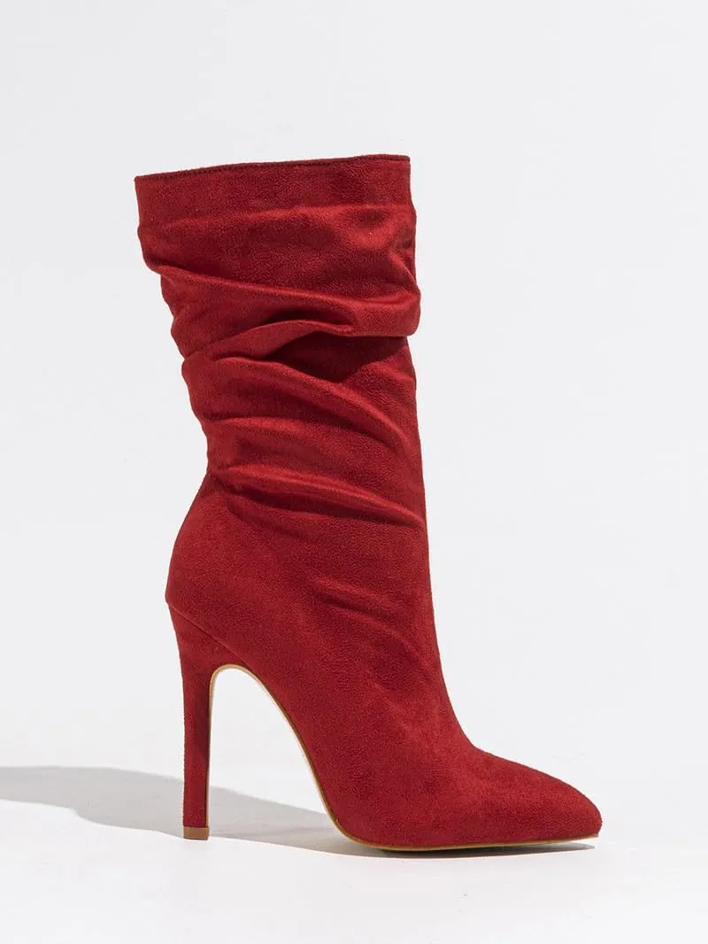 Women'S Pointed Toe Stiletto Heels Casual Mid-Calf Boots With Side Zipper,Soft Suede Slouchy Pleated High Heel Short Boots,Sexy Party Dress Boots