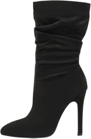 Women'S Pointed Toe Stiletto Heels Casual Mid-Calf Boots With Side Zipper,Soft Suede Slouchy Pleated High Heel Short Boots,Sexy Party Dress Boots