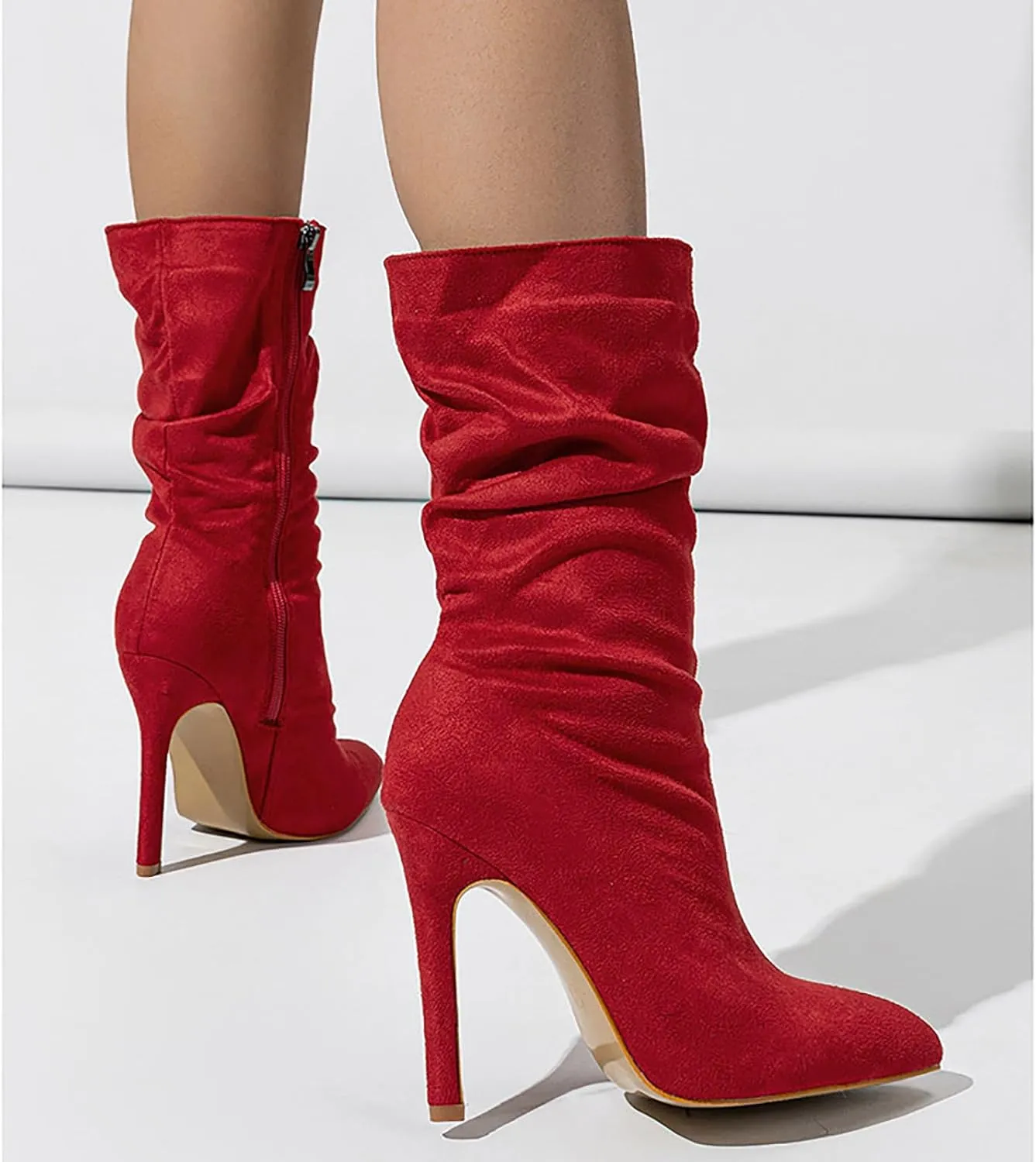 Women'S Pointed Toe Stiletto Heels Casual Mid-Calf Boots With Side Zipper,Soft Suede Slouchy Pleated High Heel Short Boots,Sexy Party Dress Boots