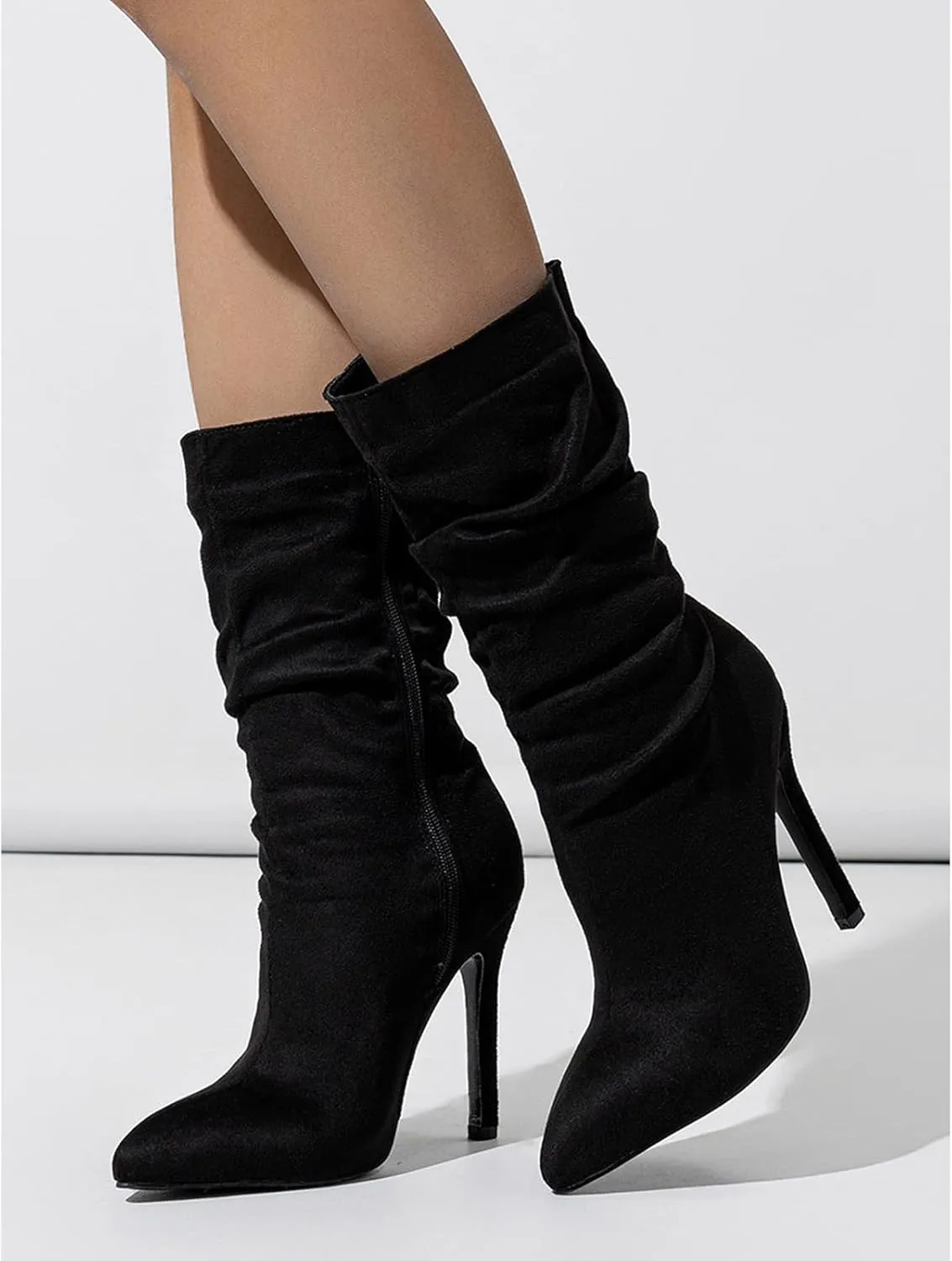 Women'S Pointed Toe Stiletto Heels Casual Mid-Calf Boots With Side Zipper,Soft Suede Slouchy Pleated High Heel Short Boots,Sexy Party Dress Boots