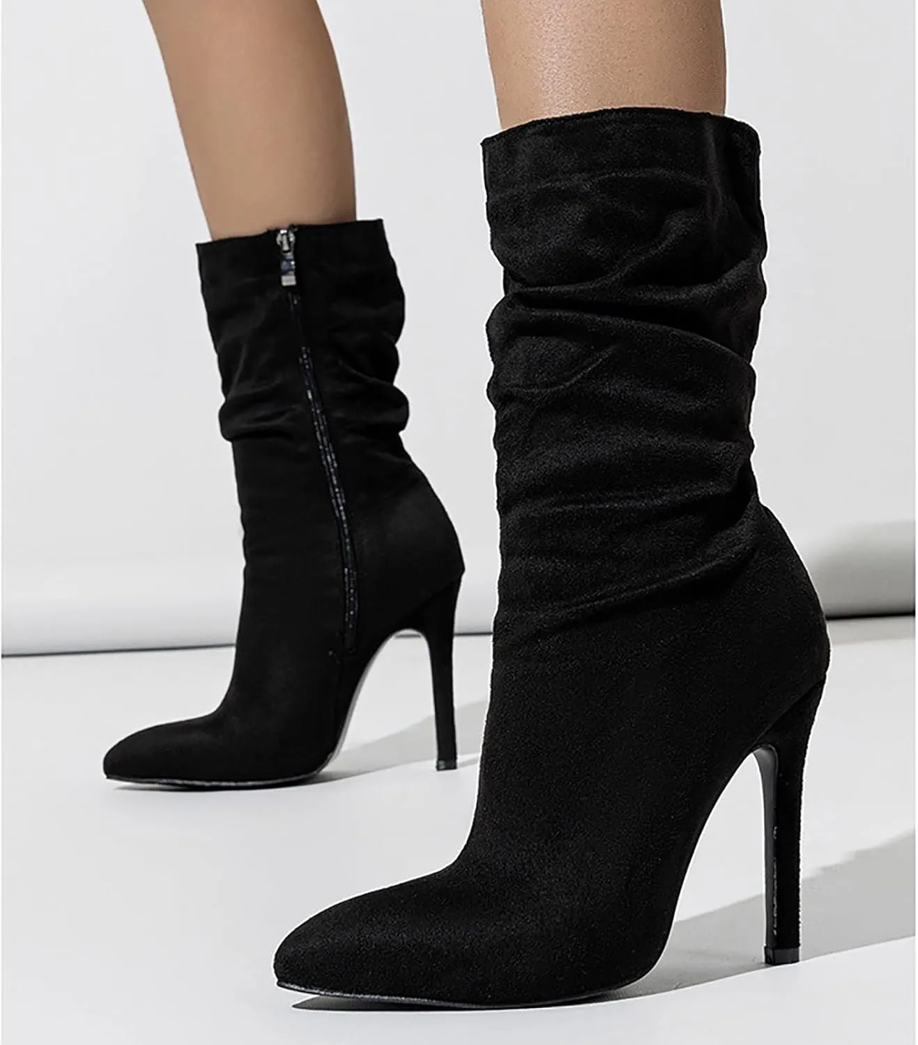 Women'S Pointed Toe Stiletto Heels Casual Mid-Calf Boots With Side Zipper,Soft Suede Slouchy Pleated High Heel Short Boots,Sexy Party Dress Boots
