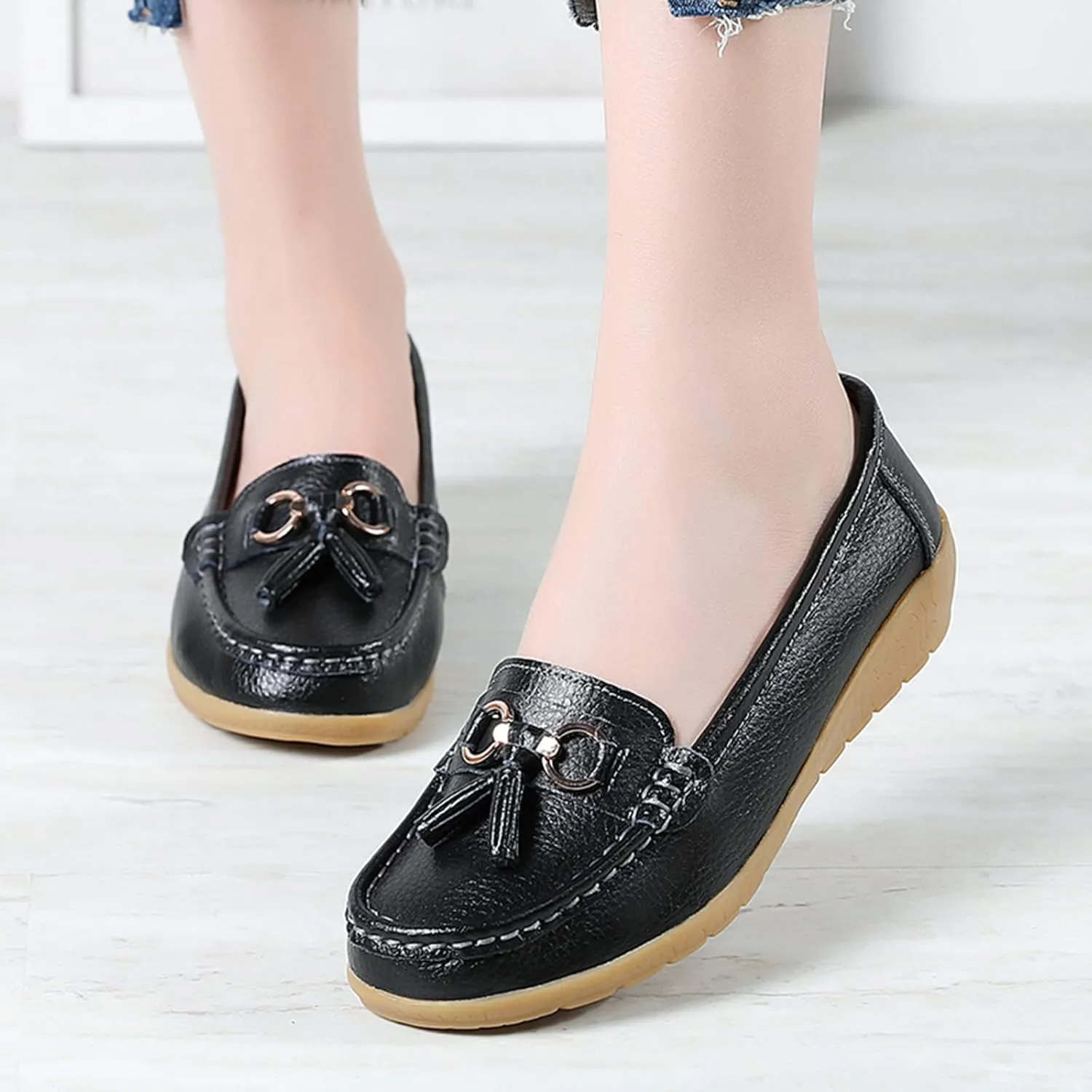 Womens Slip-on Loafers Womens Walking Flat Loafer Slip On Leather Loafer Comfortable Flat Shoes Outdoor Driving Shoes