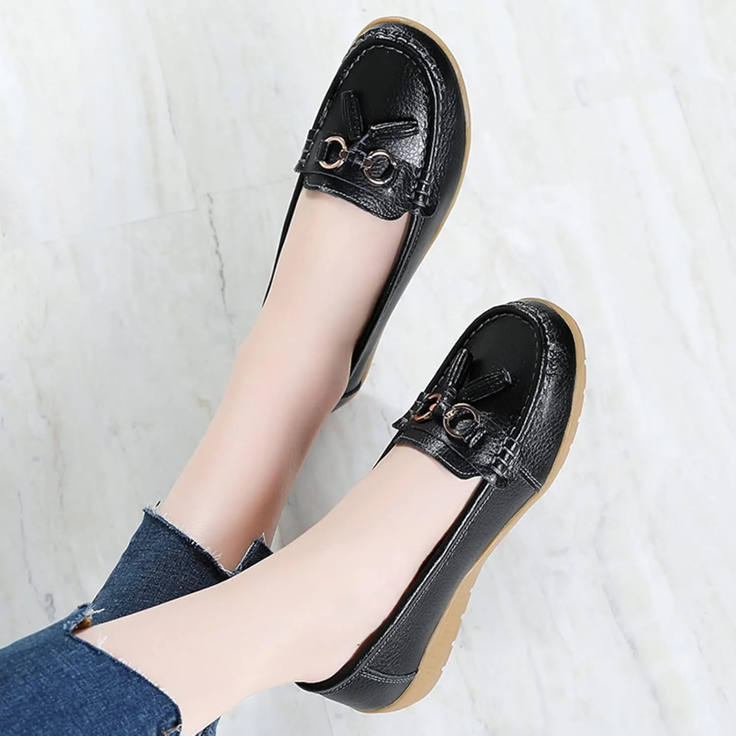 Womens Slip-on Loafers Womens Walking Flat Loafer Slip On Leather Loafer Comfortable Flat Shoes Outdoor Driving Shoes
