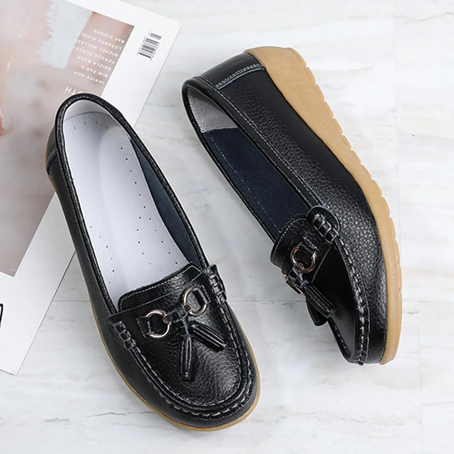 Womens Slip-on Loafers Womens Walking Flat Loafer Slip On Leather Loafer Comfortable Flat Shoes Outdoor Driving Shoes