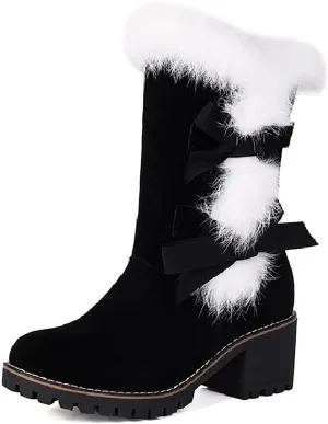 Women's Suede Chunky Heel Mid Calf Boots Warm Fur Lined Fashion Buckle Strap Comfortable Round Toe Anti-slip Lug Sole Snow Boots Winter Outdoor Walking Dating Dress Bootie