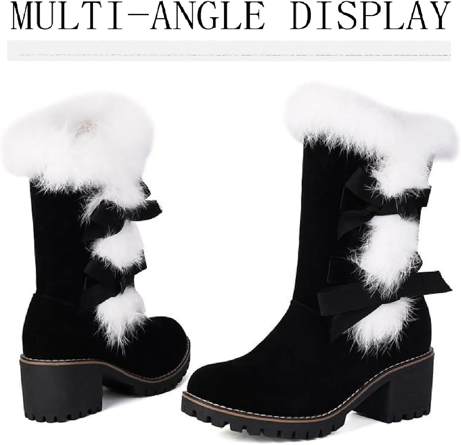Women's Suede Chunky Heel Mid Calf Boots Warm Fur Lined Fashion Buckle Strap Comfortable Round Toe Anti-slip Lug Sole Snow Boots Winter Outdoor Walking Dating Dress Bootie