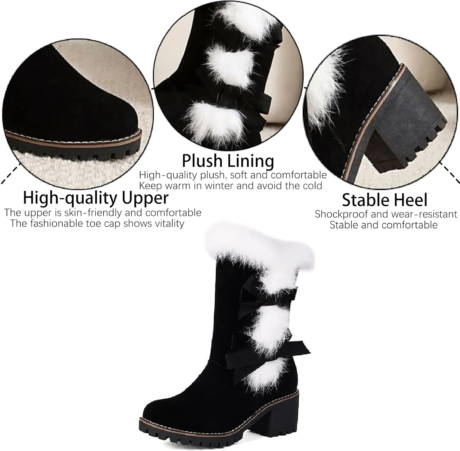 Women's Suede Chunky Heel Mid Calf Boots Warm Fur Lined Fashion Buckle Strap Comfortable Round Toe Anti-slip Lug Sole Snow Boots Winter Outdoor Walking Dating Dress Bootie