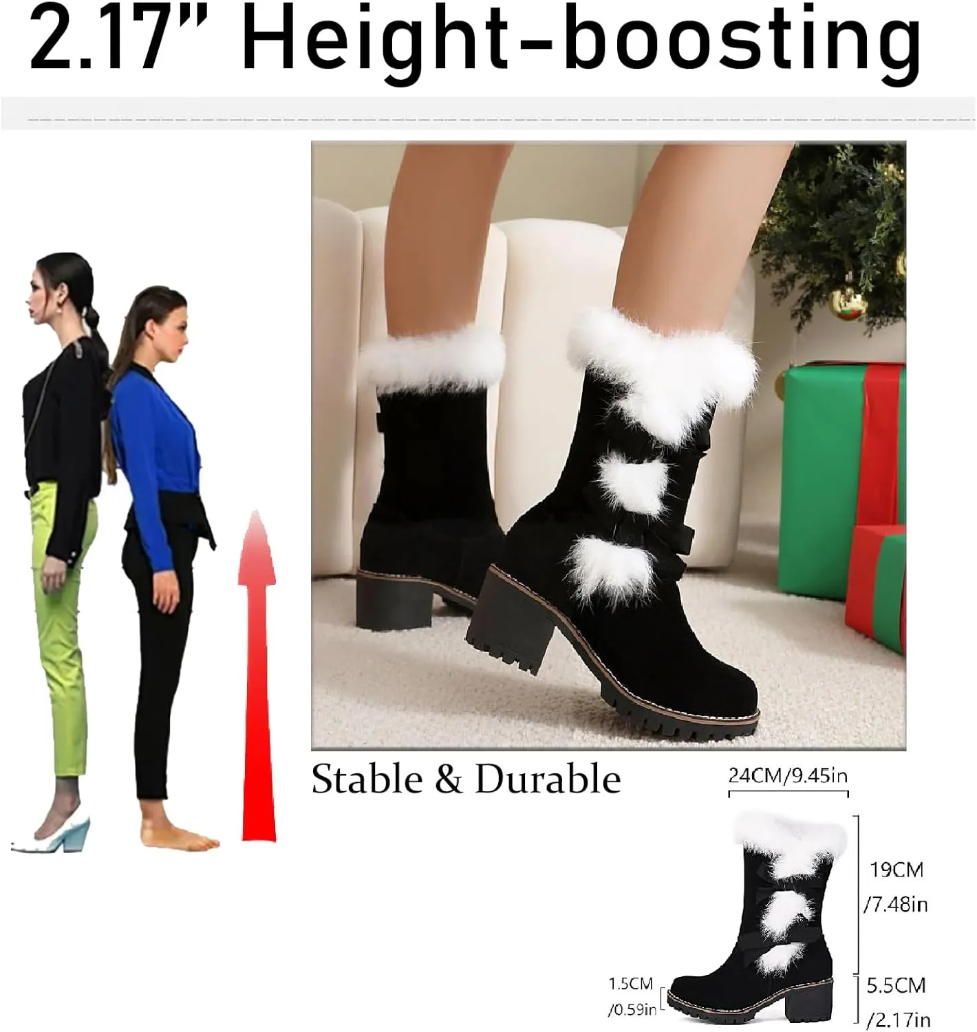 Women's Suede Chunky Heel Mid Calf Boots Warm Fur Lined Fashion Buckle Strap Comfortable Round Toe Anti-slip Lug Sole Snow Boots Winter Outdoor Walking Dating Dress Bootie