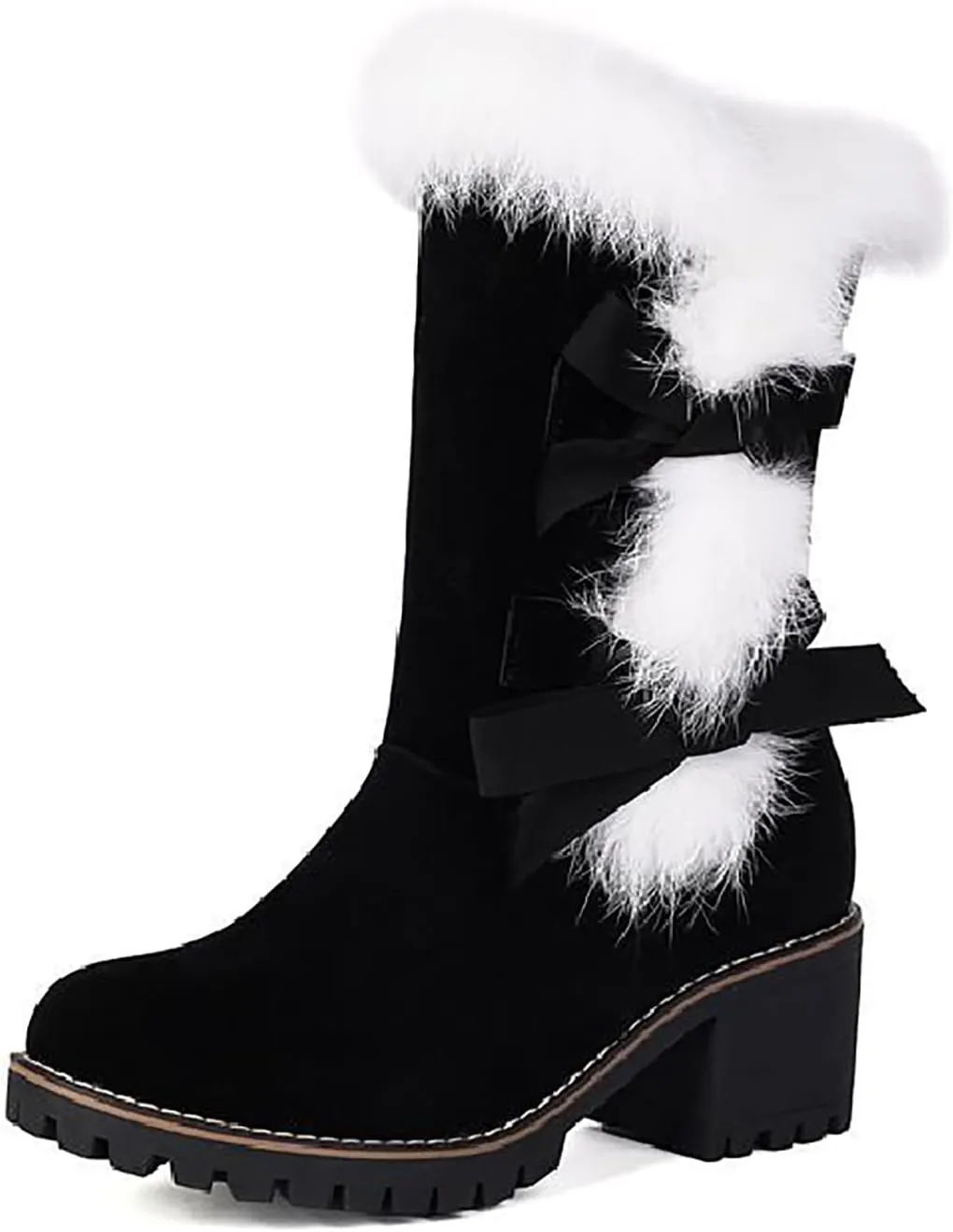 Women's Suede Chunky Heel Mid Calf Boots Warm Fur Lined Fashion Buckle Strap Comfortable Round Toe Anti-slip Lug Sole Snow Boots Winter Outdoor Walking Dating Dress Bootie