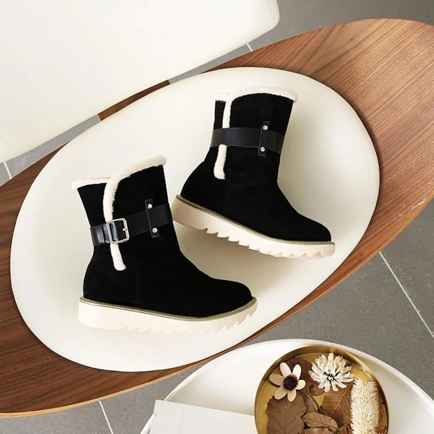 Womens Winter Snow Boots Cute Round Toe Warm Fur Lined Winter Suede Women's Slip On Boot Comfortable Winter Boot