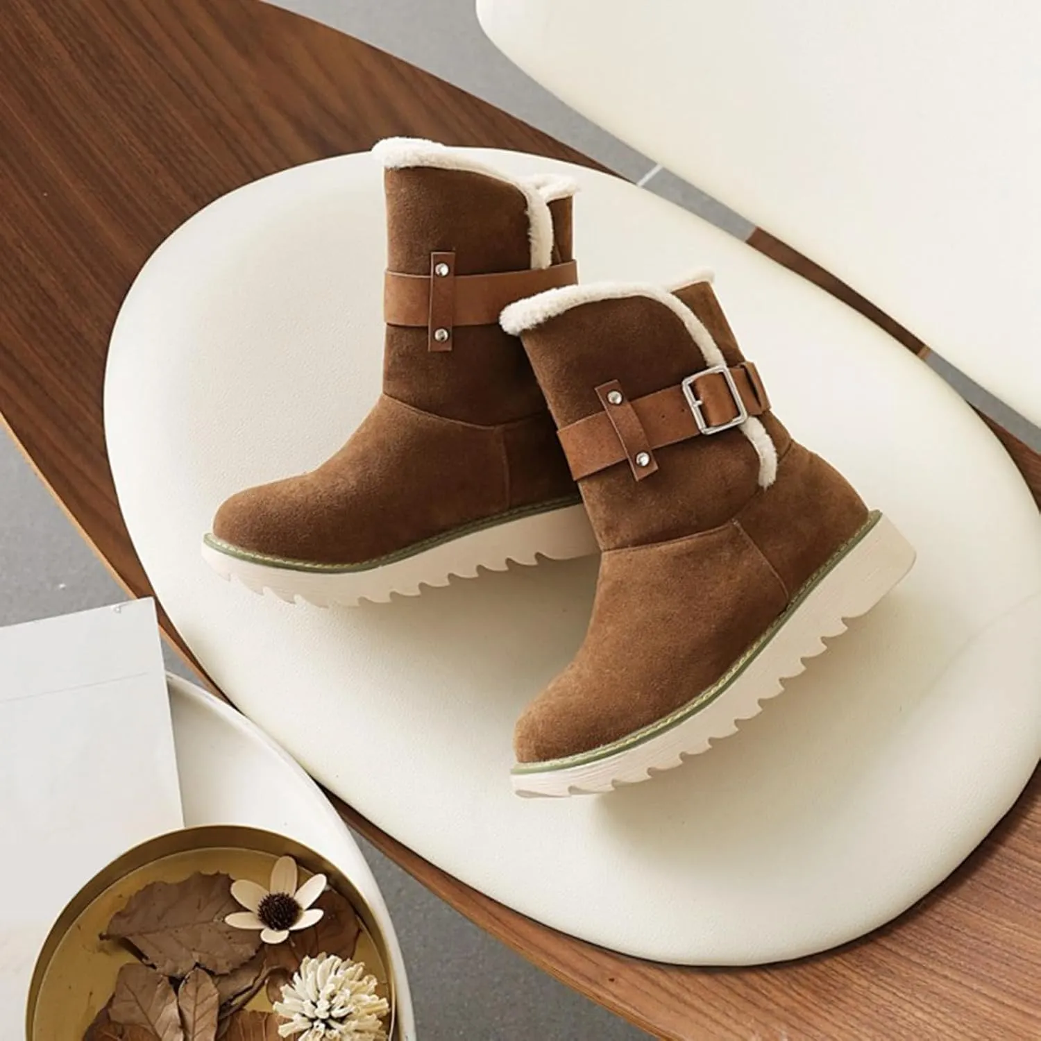 Womens Winter Snow Boots Cute Round Toe Warm Fur Lined Winter Suede Women's Slip On Boot Comfortable Winter Boot