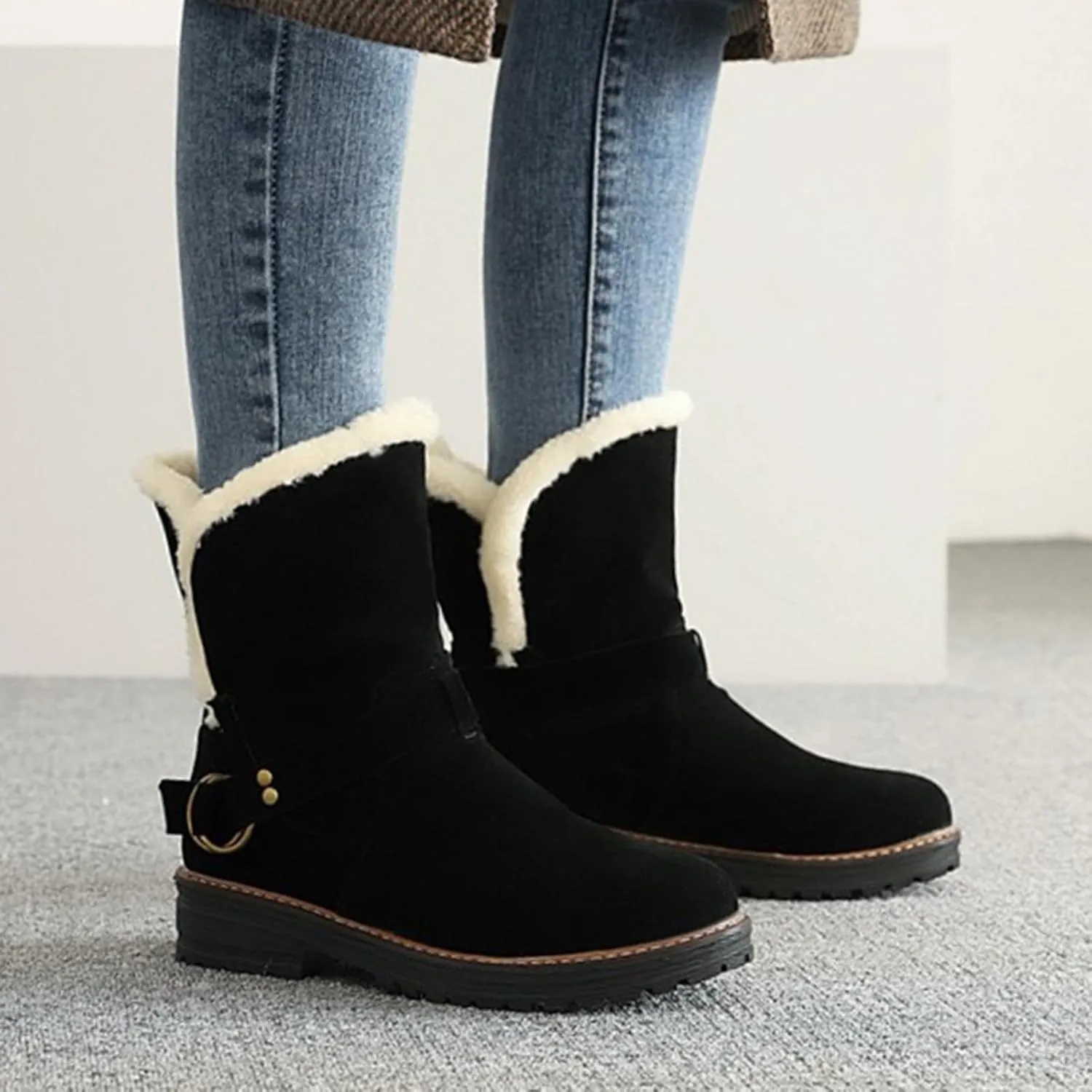 Womens Winter Snow Boots Cute Round Toe Warm Fur Lined Winter Suede Women's Slip On Boot Comfortable Winter Boot