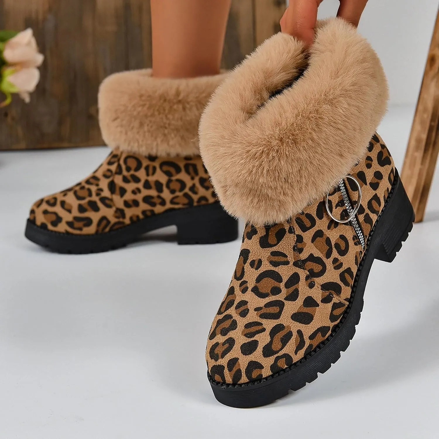 Womens Winter Snow Boots Fur Lined Warm Winter Boots Ankle Booties Chunky Block Heel Snow Boots Slip On Boots