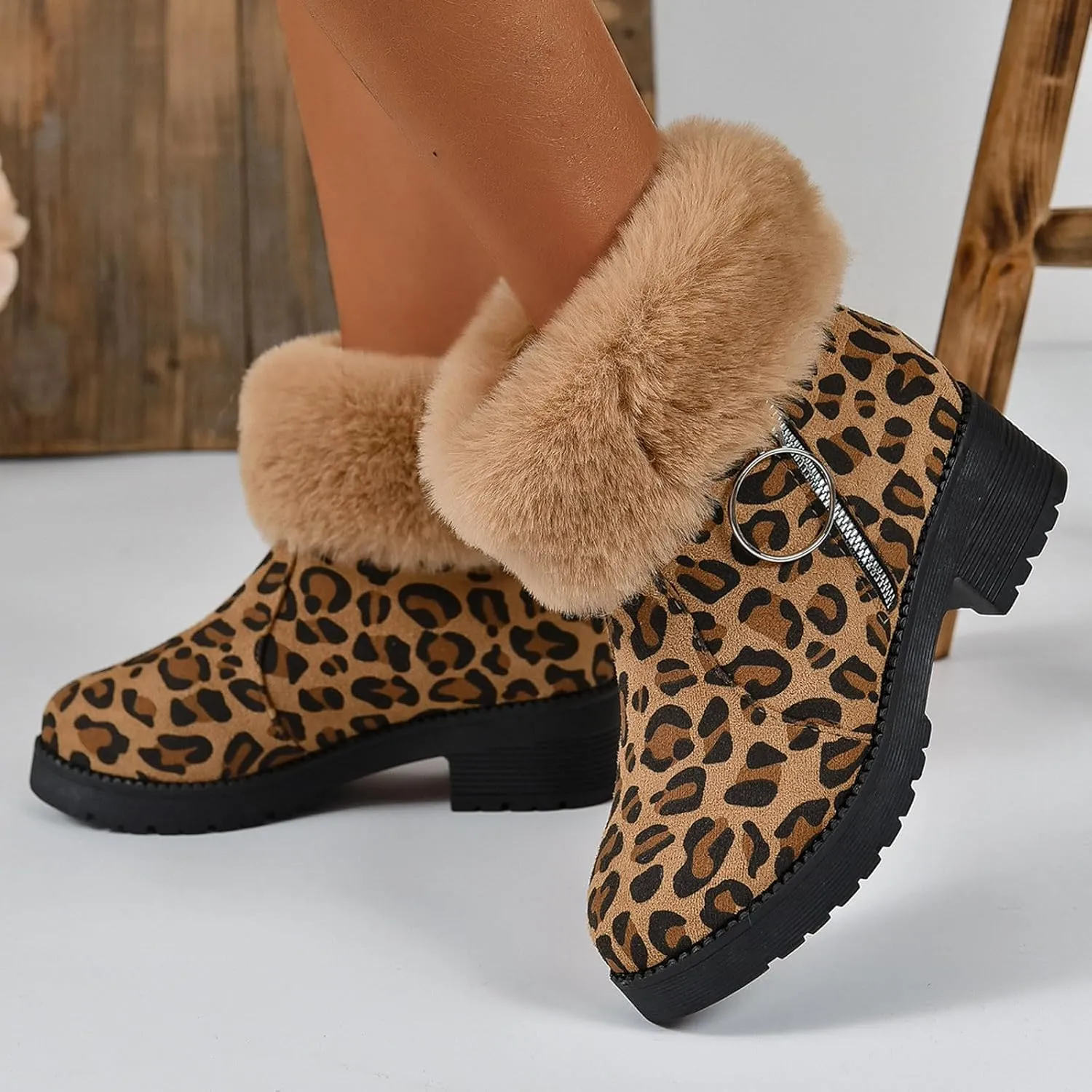 Womens Winter Snow Boots Fur Lined Warm Winter Boots Ankle Booties Chunky Block Heel Snow Boots Slip On Boots