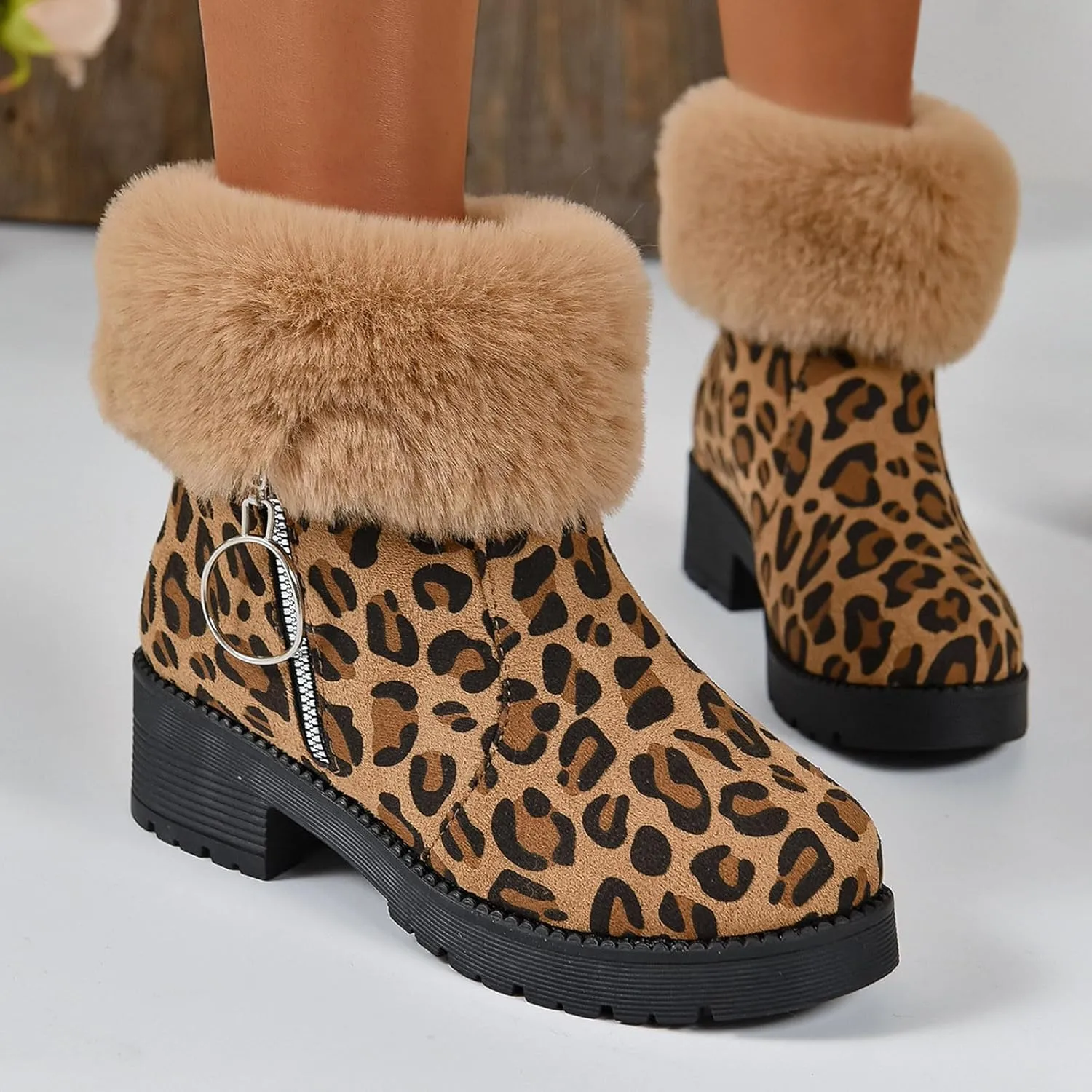 Womens Winter Snow Boots Fur Lined Warm Winter Boots Ankle Booties Chunky Block Heel Snow Boots Slip On Boots