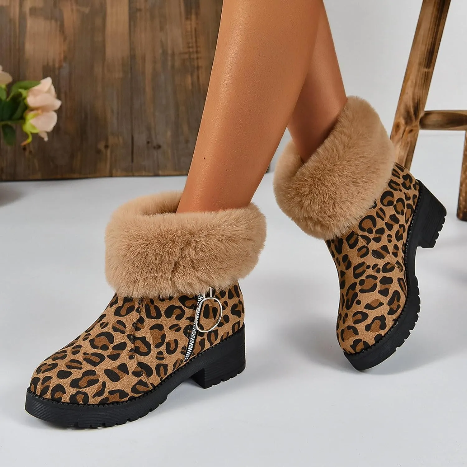 Womens Winter Snow Boots Fur Lined Warm Winter Boots Ankle Booties Chunky Block Heel Snow Boots Slip On Boots