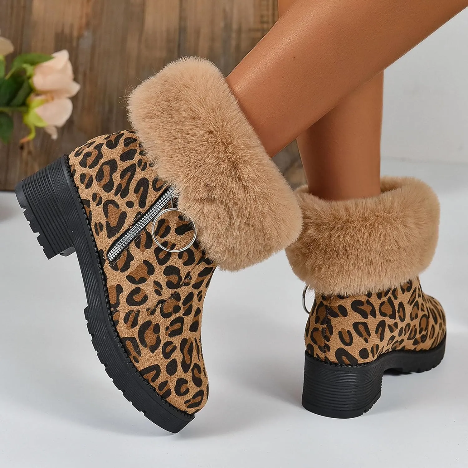 Womens Winter Snow Boots Fur Lined Warm Winter Boots Ankle Booties Chunky Block Heel Snow Boots Slip On Boots