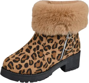 Womens Winter Snow Boots Fur Lined Warm Winter Boots Ankle Booties Chunky Block Heel Snow Boots Slip On Boots