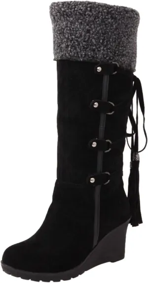 Womens Winter Snow Boots Knee High Cold Weather Snow Tall Boots Wedge Heel Suede Puffy Fur Lined Winter Snow Boots