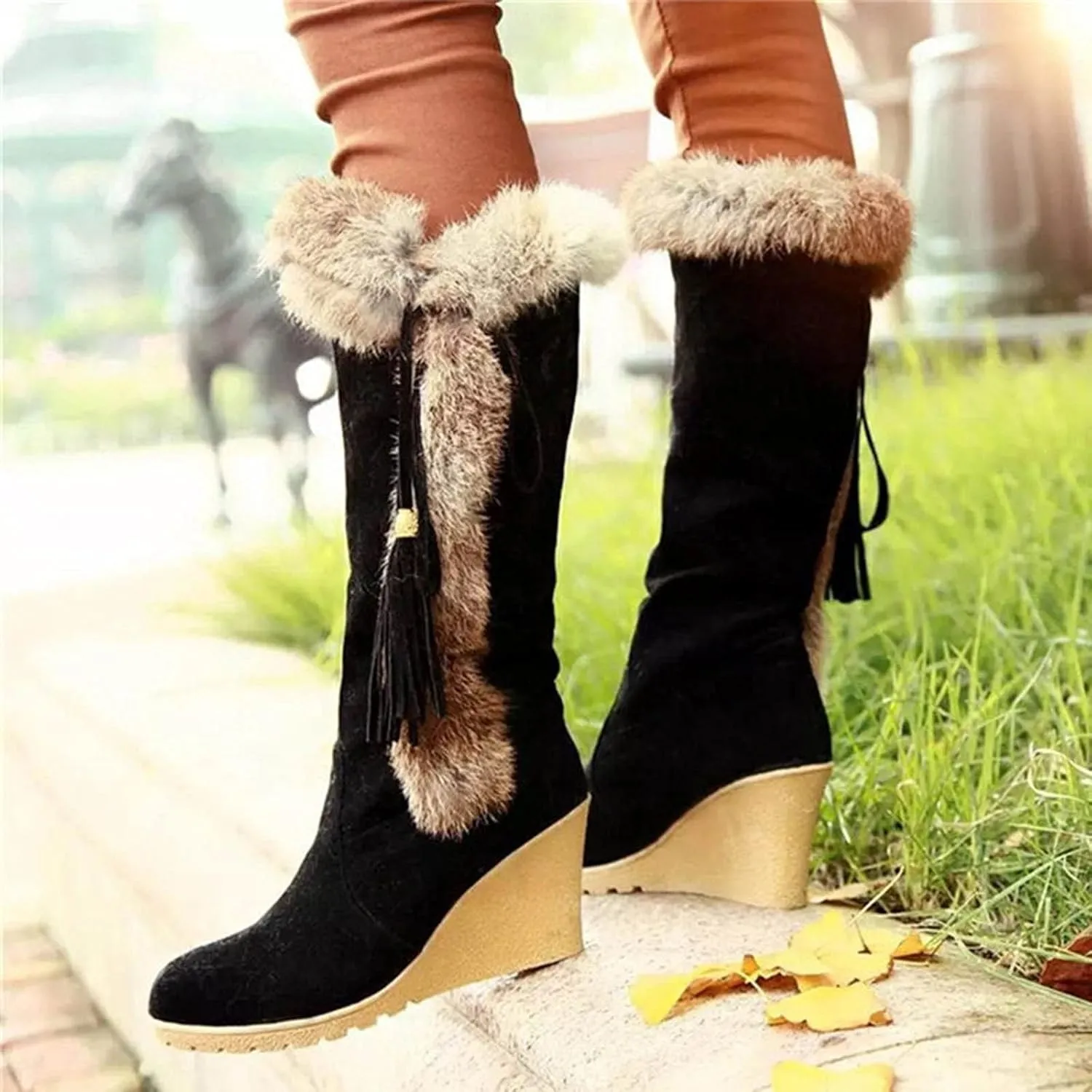Womens Winter Snow Boots Knee High Cold Weather Snow Tall Boots Wedge Heel Suede Puffy Fur Lined Winter Snow Boots