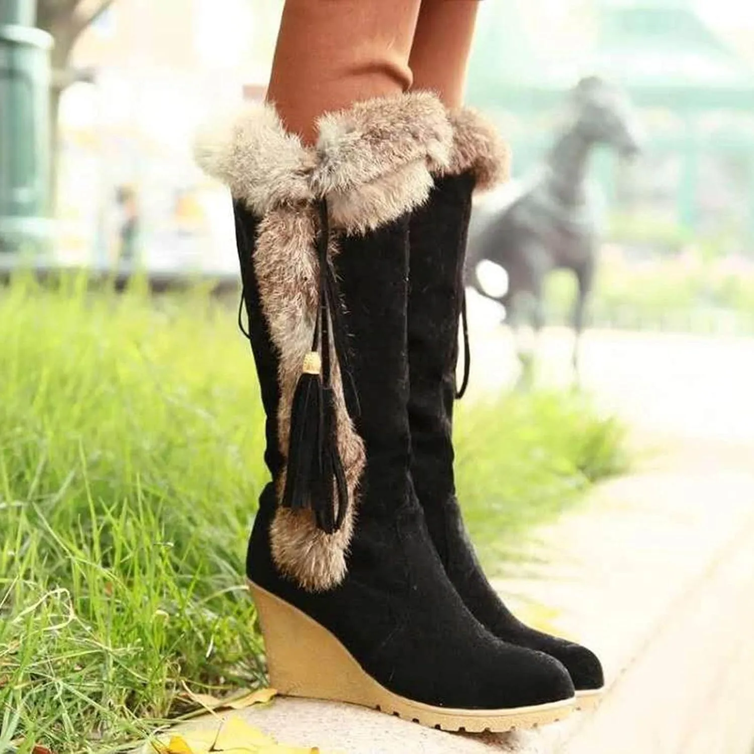 Womens Winter Snow Boots Knee High Cold Weather Snow Tall Boots Wedge Heel Suede Puffy Fur Lined Winter Snow Boots