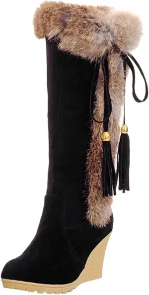 Womens Winter Snow Boots Knee High Cold Weather Snow Tall Boots Wedge Heel Suede Puffy Fur Lined Winter Snow Boots