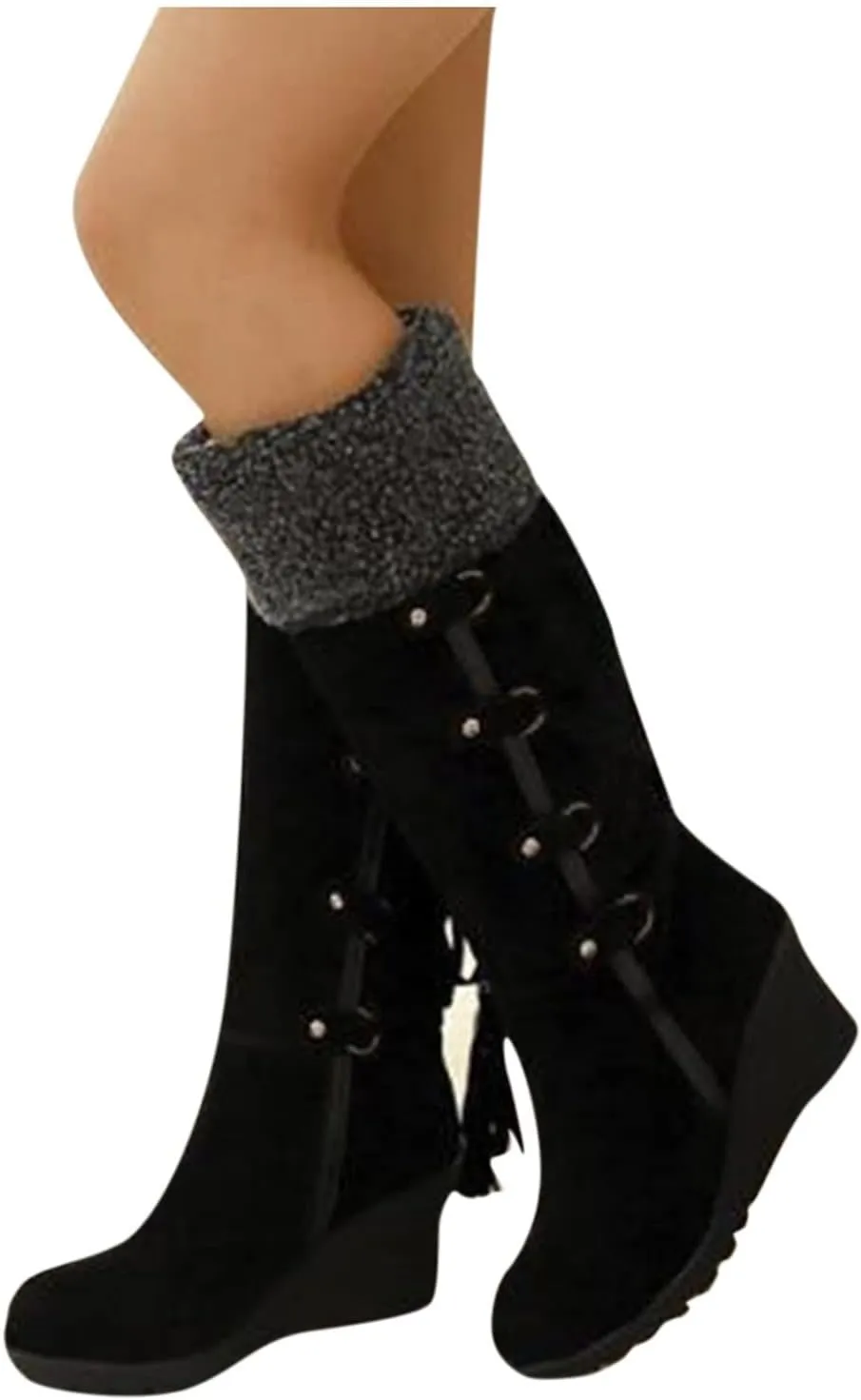 Womens Winter Snow Boots Knee High Cold Weather Snow Tall Boots Wedge Heel Suede Puffy Fur Lined Winter Snow Boots
