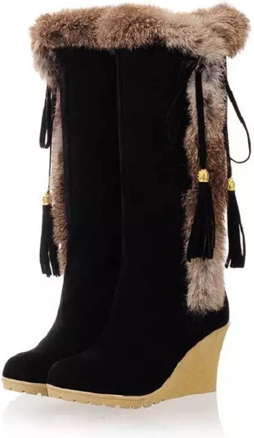 Womens Winter Snow Boots Knee High Cold Weather Snow Tall Boots Wedge Heel Suede Puffy Fur Lined Winter Snow Boots