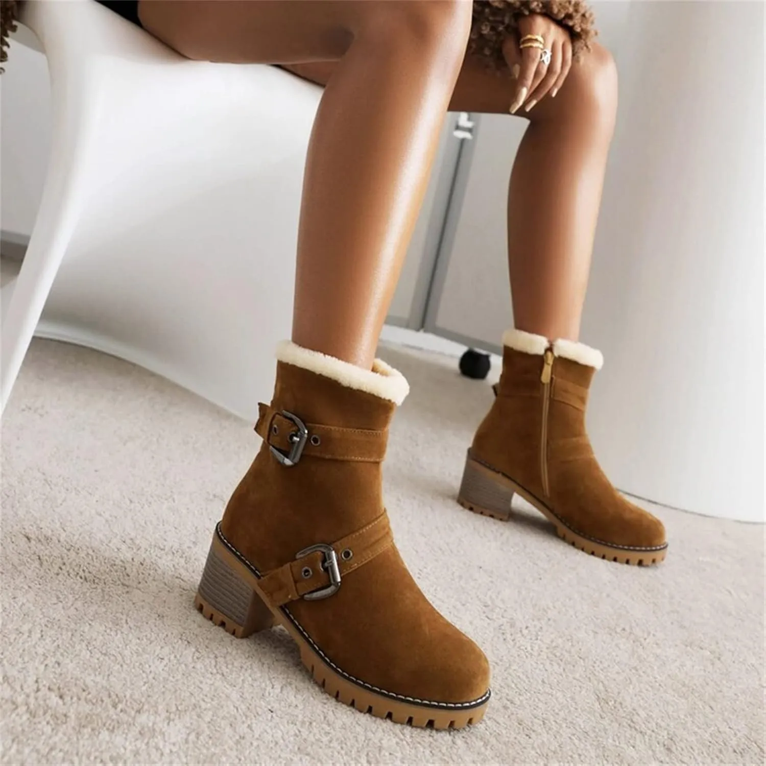 Womens Winter Snow Boots Suede Side Zipper Short Boots Lug Sole Low Heel Chelsea Warm Fur Lined Snow Ankle Bootie