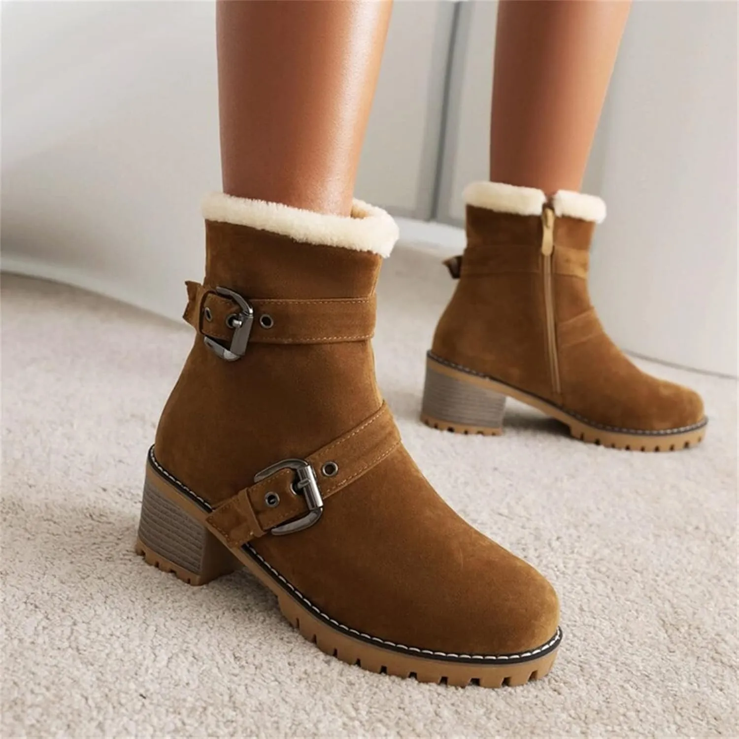 Womens Winter Snow Boots Suede Side Zipper Short Boots Lug Sole Low Heel Chelsea Warm Fur Lined Snow Ankle Bootie