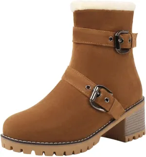 Womens Winter Snow Boots Suede Side Zipper Short Boots Lug Sole Low Heel Chelsea Warm Fur Lined Snow Ankle Bootie