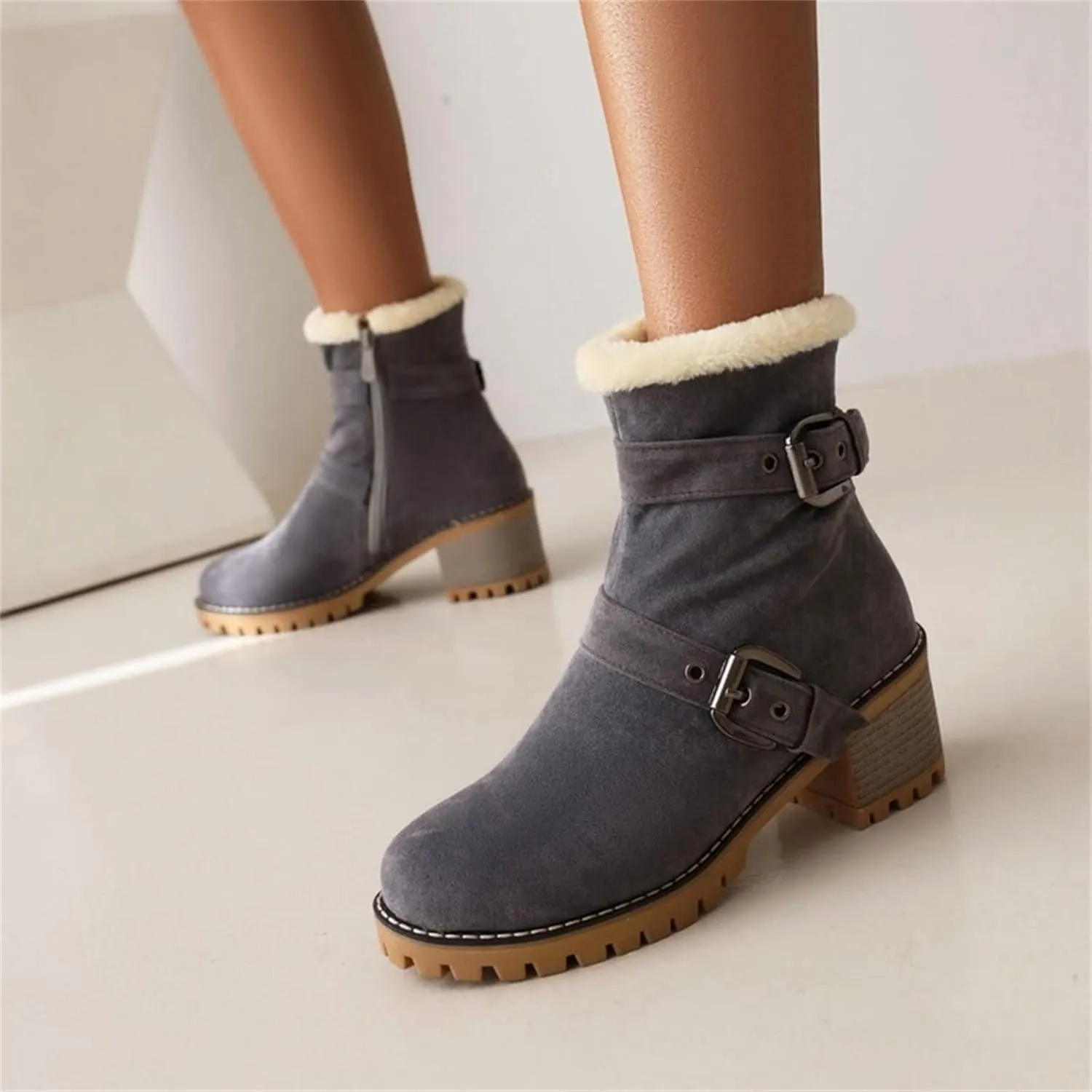 Womens Winter Snow Boots Suede Side Zipper Short Boots Lug Sole Low Heel Chelsea Warm Fur Lined Snow Ankle Bootie