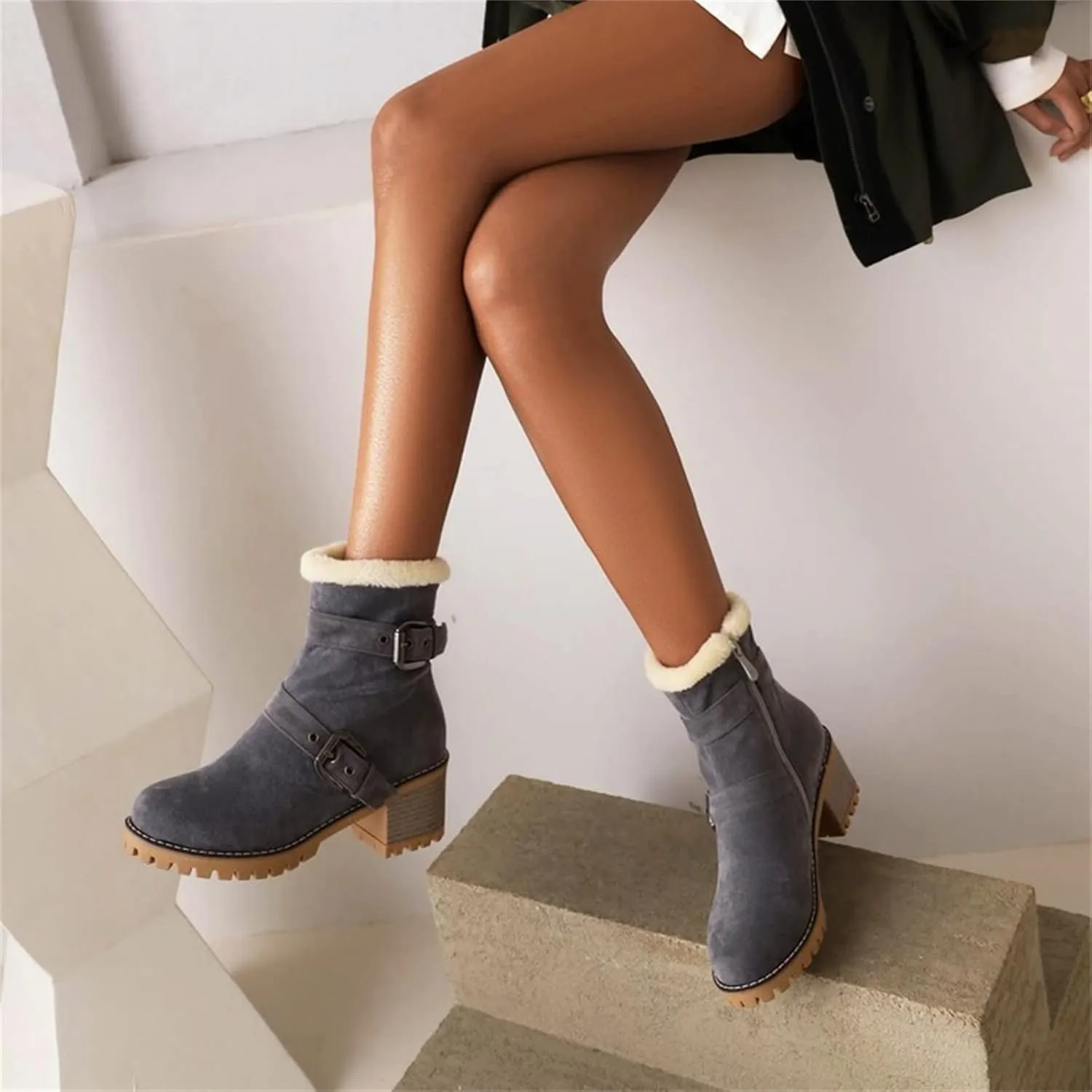 Womens Winter Snow Boots Suede Side Zipper Short Boots Lug Sole Low Heel Chelsea Warm Fur Lined Snow Ankle Bootie