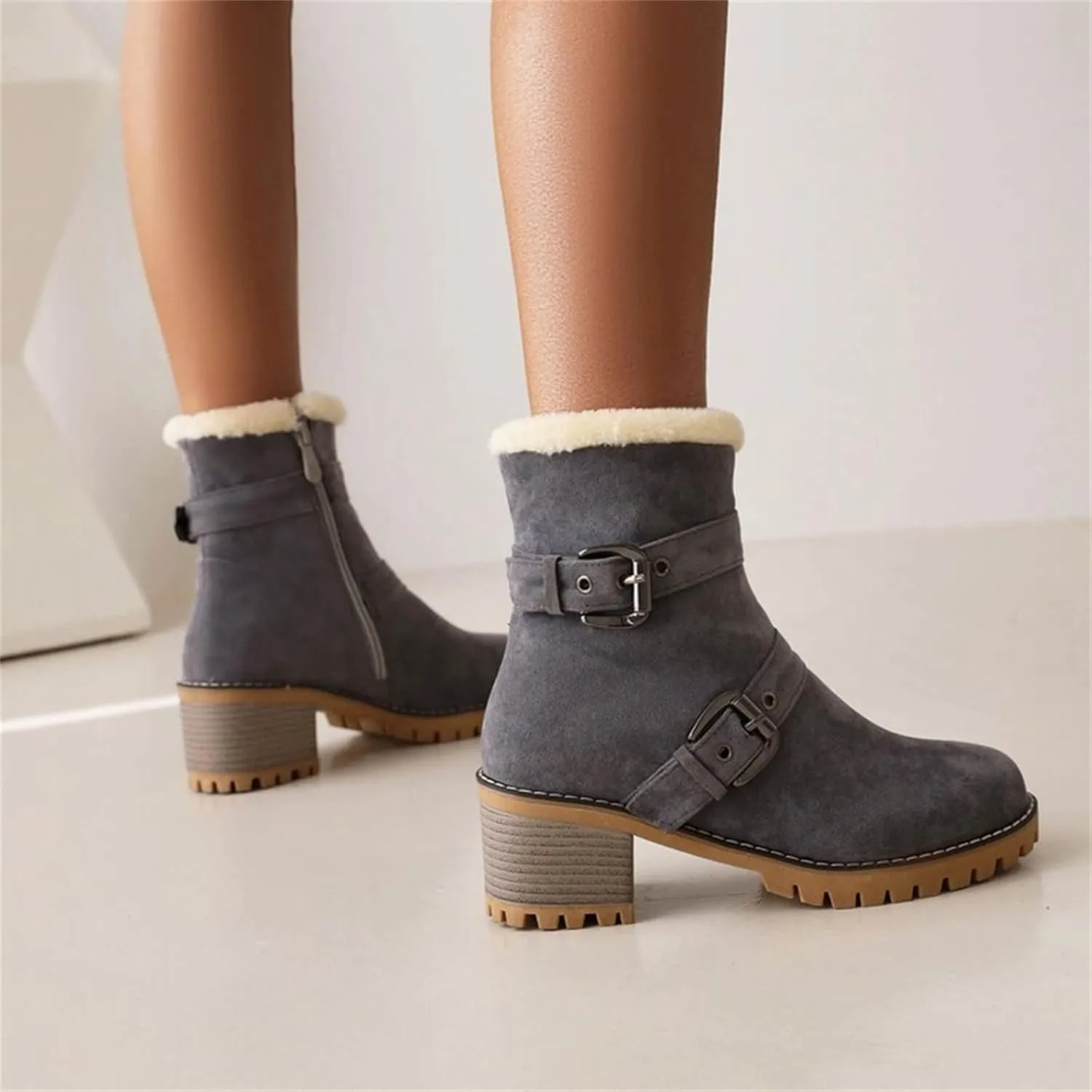 Womens Winter Snow Boots Suede Side Zipper Short Boots Lug Sole Low Heel Chelsea Warm Fur Lined Snow Ankle Bootie