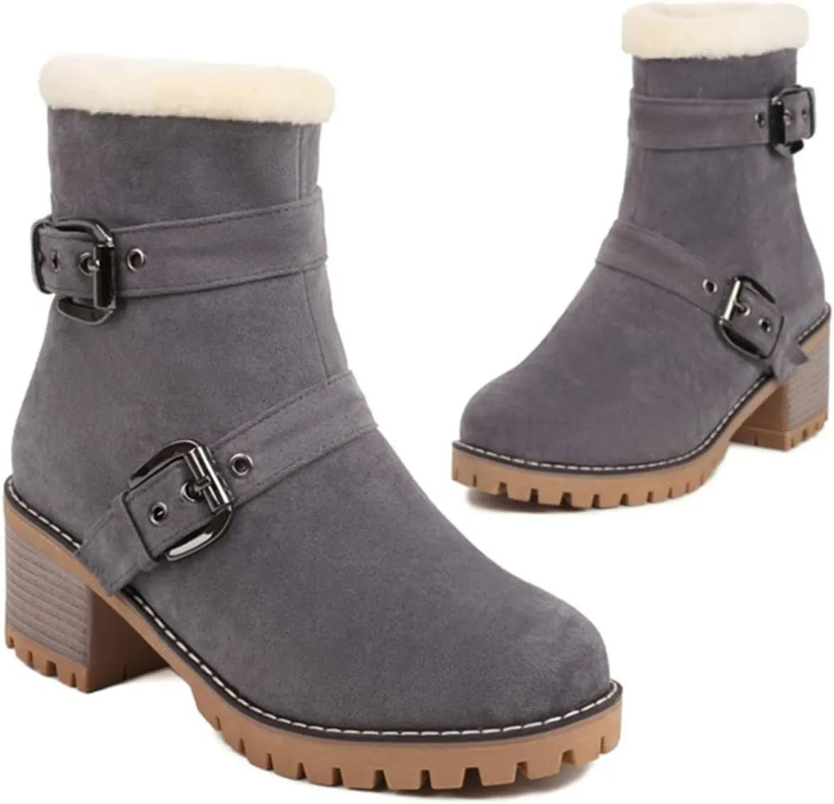 Womens Winter Snow Boots Suede Side Zipper Short Boots Lug Sole Low Heel Chelsea Warm Fur Lined Snow Ankle Bootie