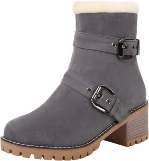 Womens Winter Snow Boots Suede Side Zipper Short Boots Lug Sole Low Heel Chelsea Warm Fur Lined Snow Ankle Bootie