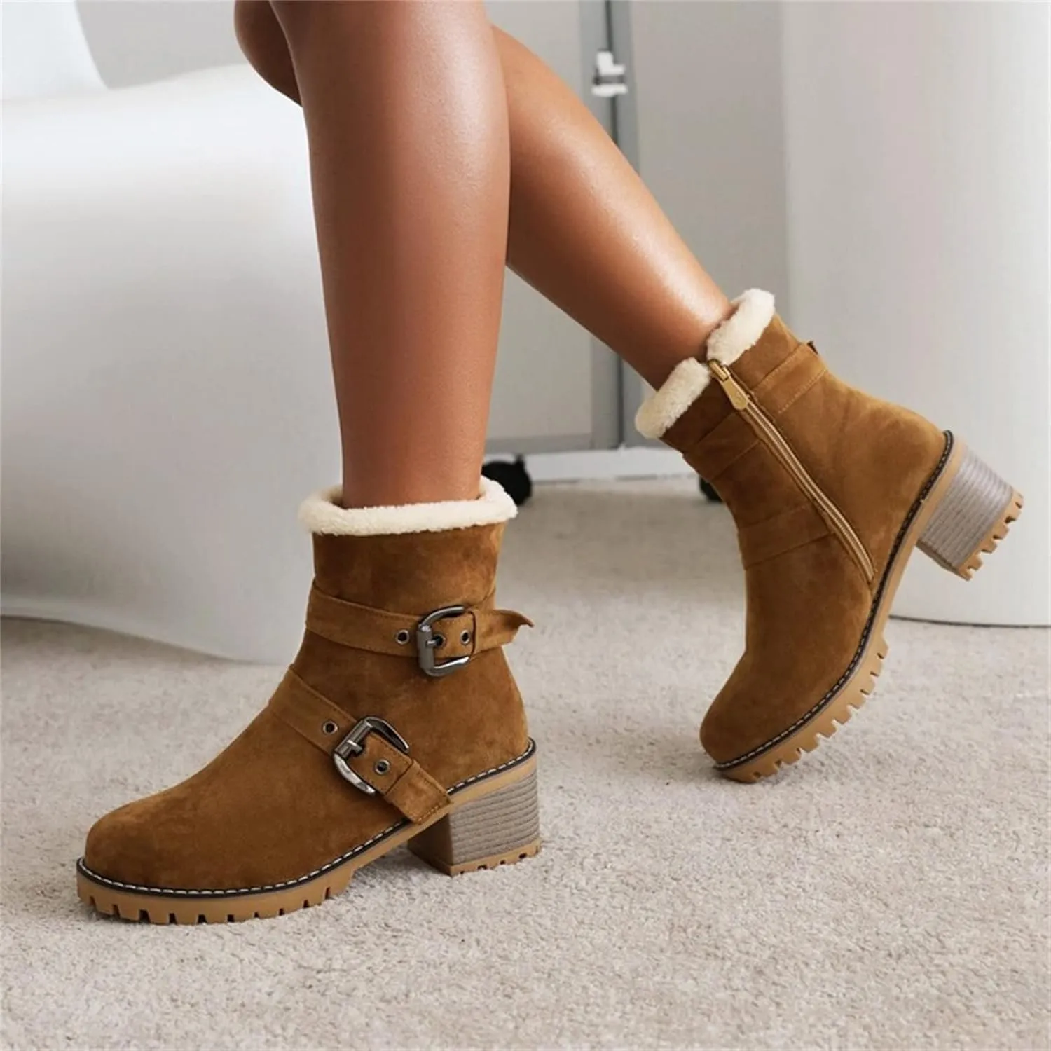Womens Winter Snow Boots Suede Side Zipper Short Boots Lug Sole Low Heel Chelsea Warm Fur Lined Snow Ankle Bootie