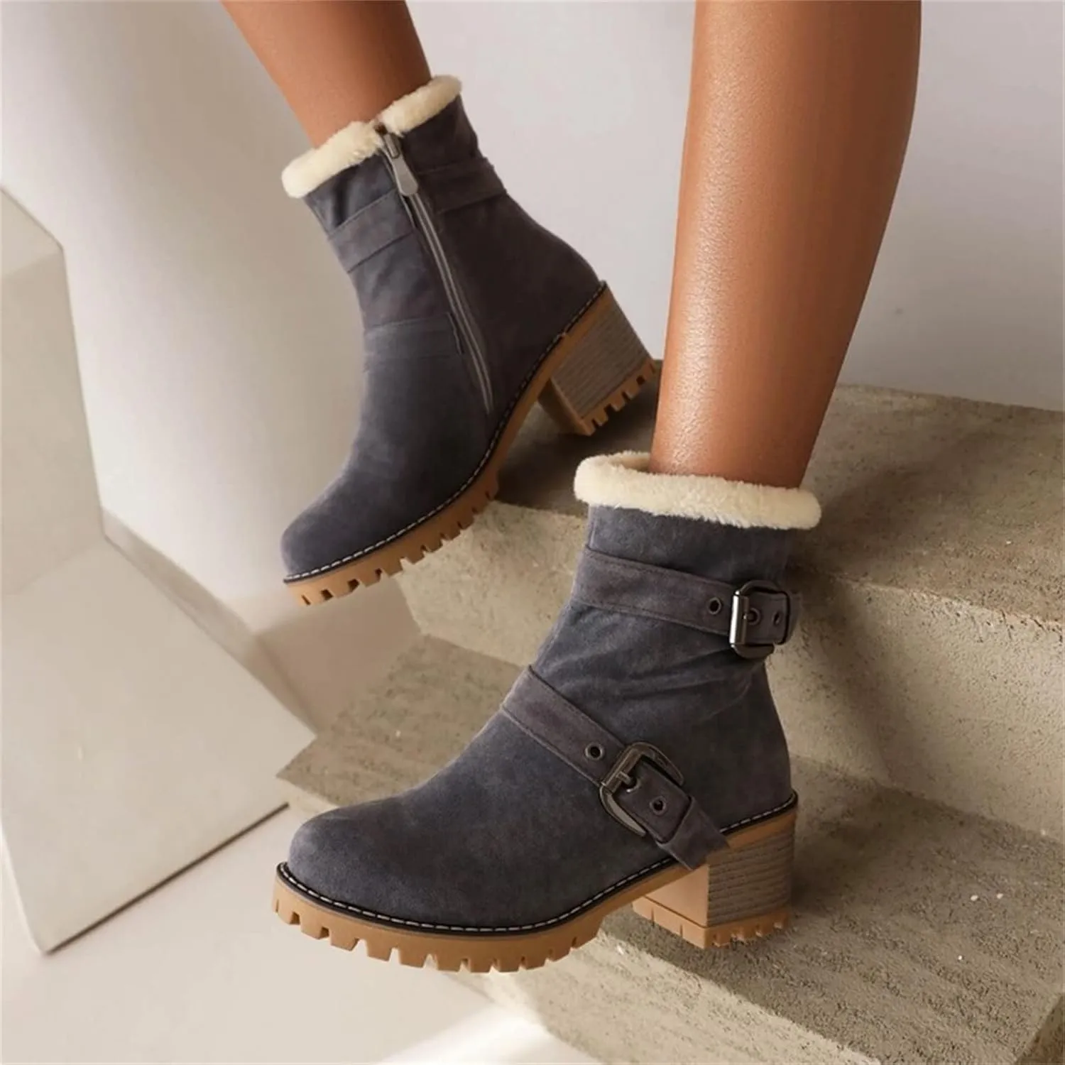 Womens Winter Snow Boots Suede Side Zipper Short Boots Lug Sole Low Heel Chelsea Warm Fur Lined Snow Ankle Bootie
