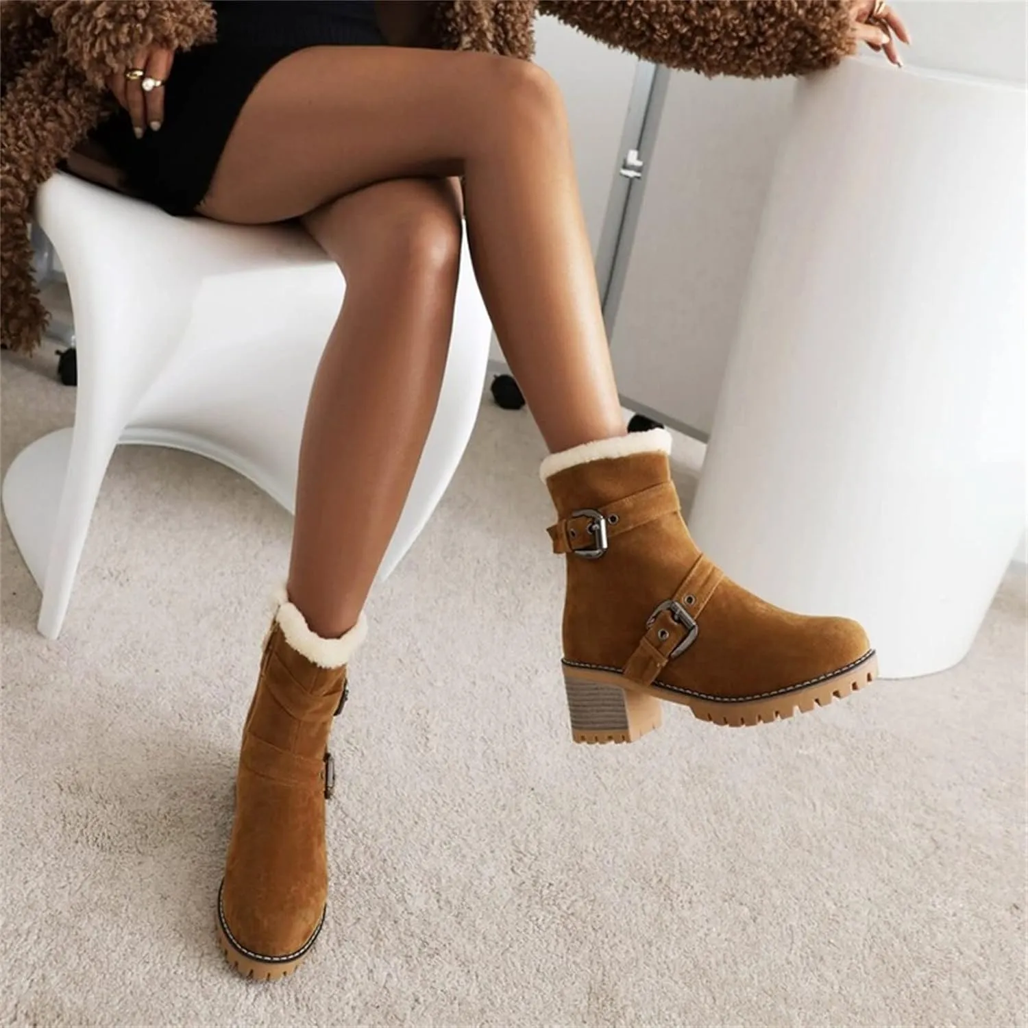 Womens Winter Snow Boots Suede Side Zipper Short Boots Lug Sole Low Heel Chelsea Warm Fur Lined Snow Ankle Bootie