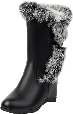 Women's Winter Snow Boots Wedge Heel Mid Calf Boots with Slip-on