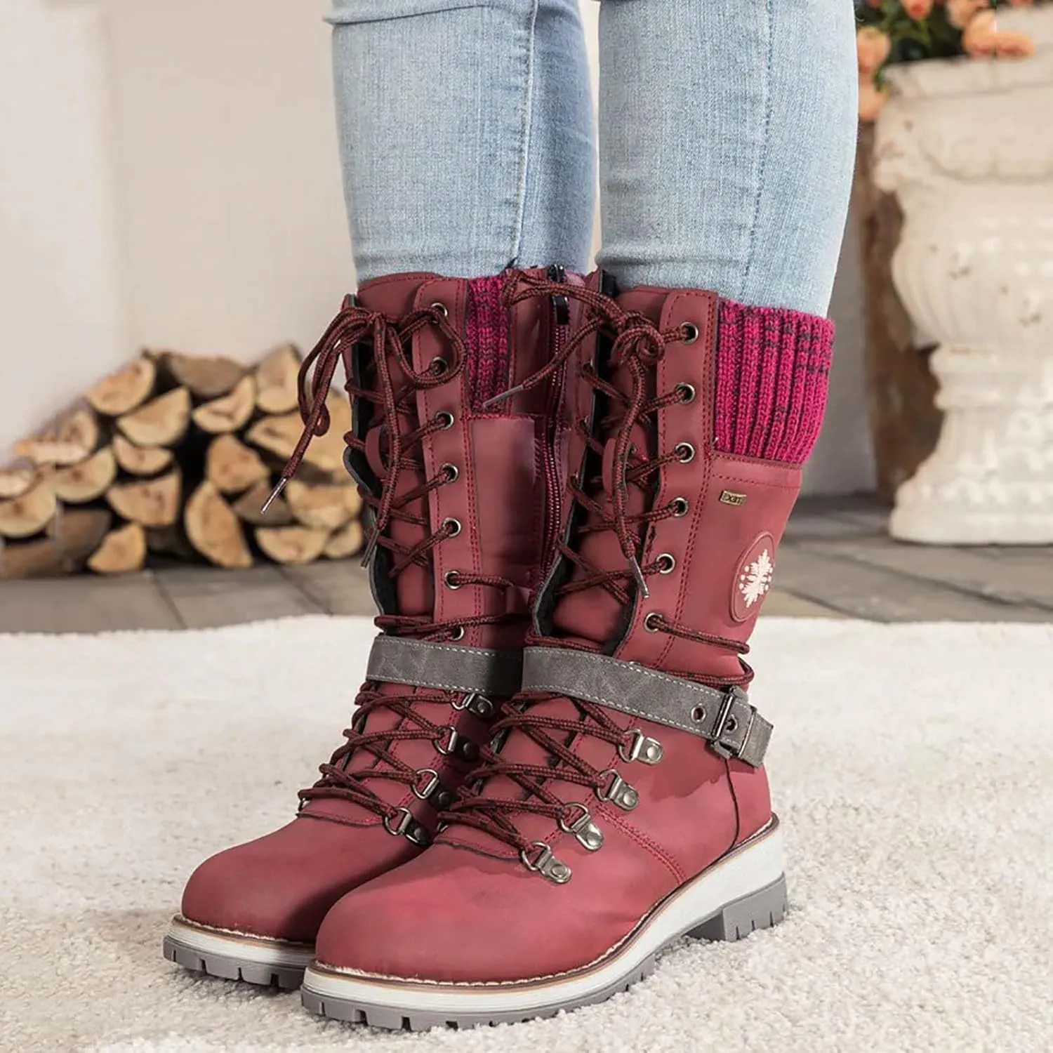 Women's Winter Warm Boots Fashion Belt Square Heel Snow Boots Lace Up Mid Tube Boots Wide Calf Boots for Women