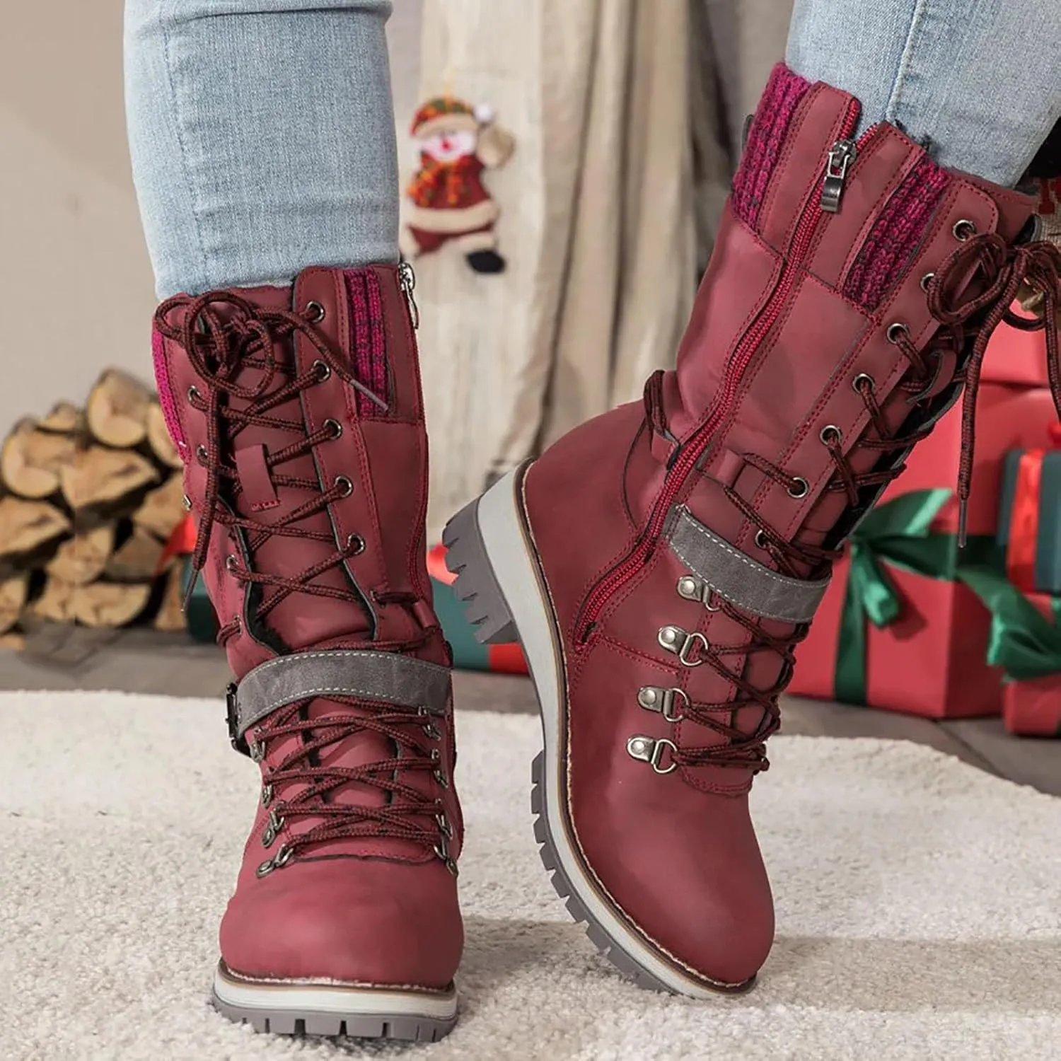 Women's Winter Warm Boots Fashion Belt Square Heel Snow Boots Lace Up Mid Tube Boots Wide Calf Boots for Women