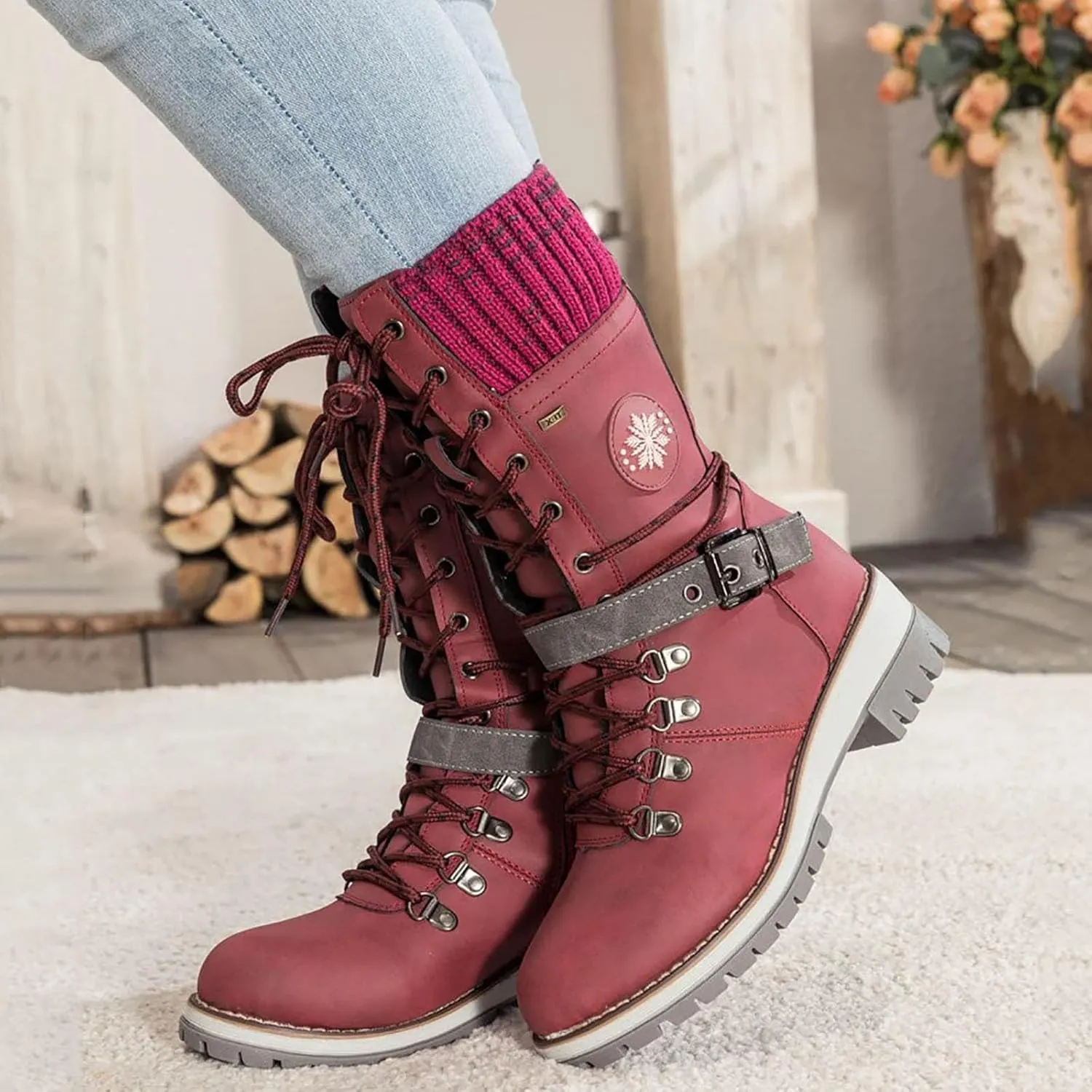 Women's Winter Warm Boots Fashion Belt Square Heel Snow Boots Lace Up Mid Tube Boots Wide Calf Boots for Women