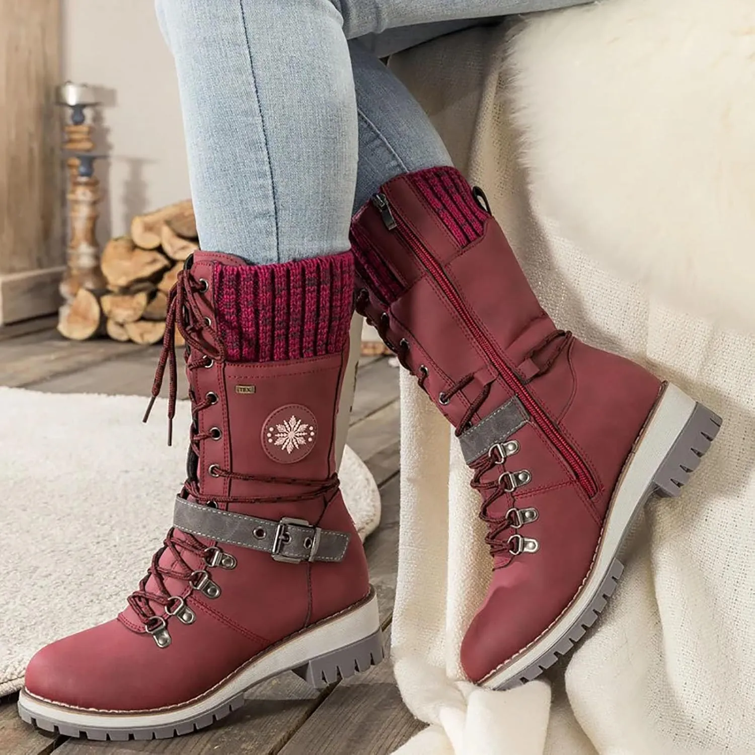 Women's Winter Warm Boots Fashion Belt Square Heel Snow Boots Lace Up Mid Tube Boots Wide Calf Boots for Women