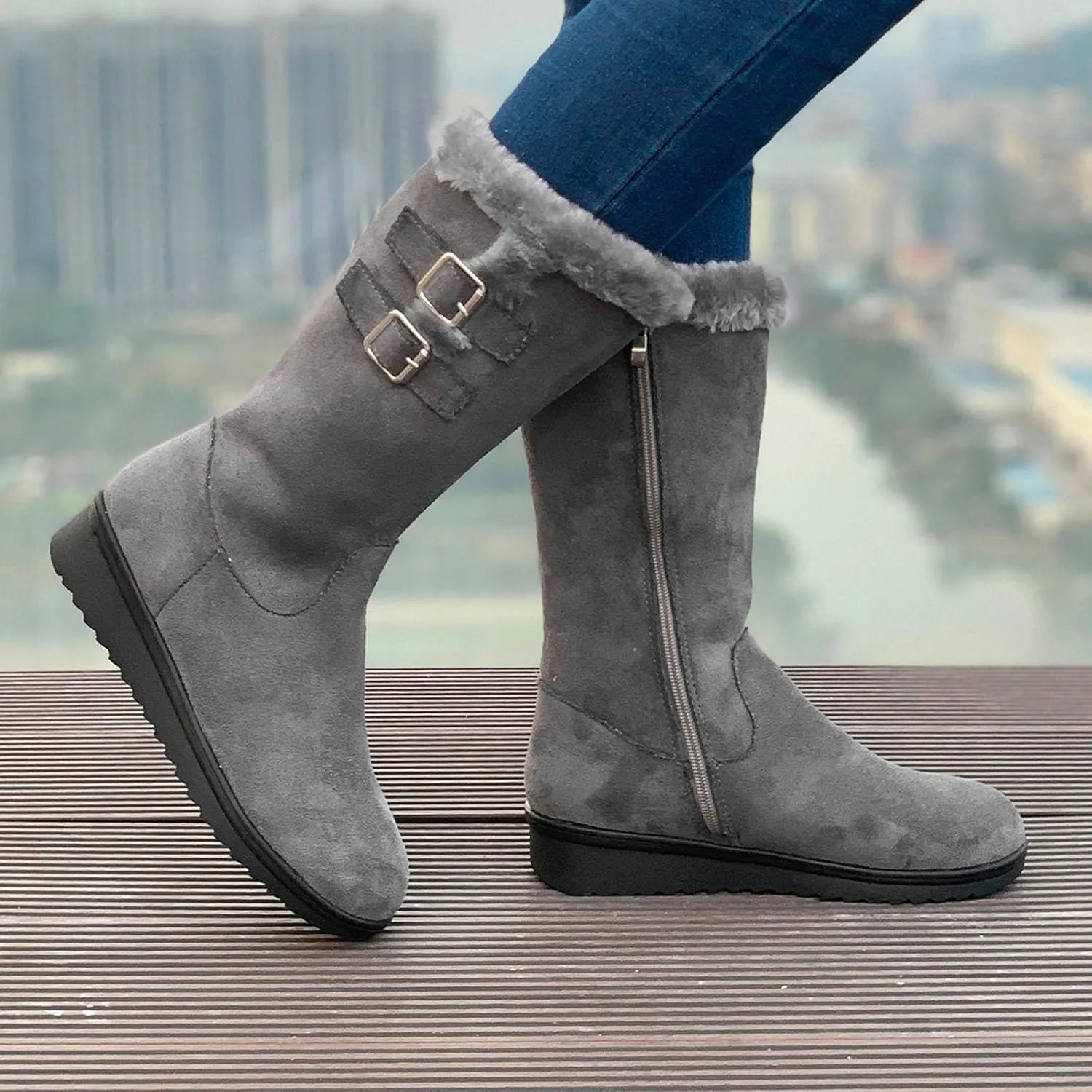 Work Boots Women's Suede Keep Warm Mid Calf Boots Wedge Platform Snow Booties Winter Pull On Buckle Bootie