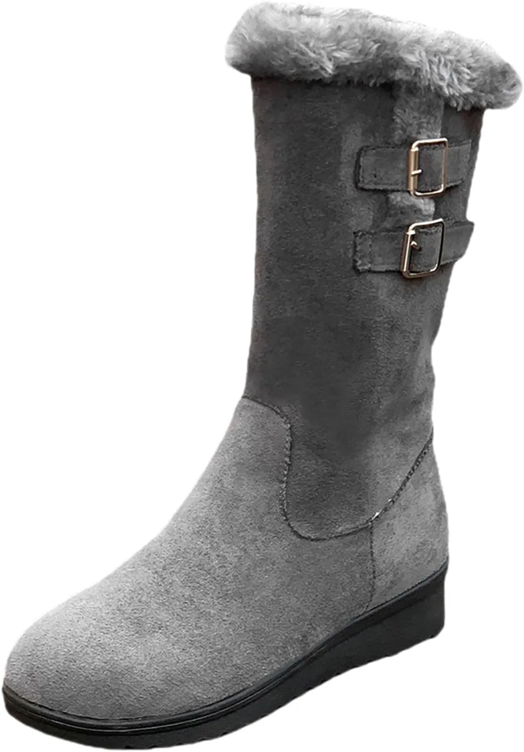 Work Boots Women's Suede Keep Warm Mid Calf Boots Wedge Platform Snow Booties Winter Pull On Buckle Bootie