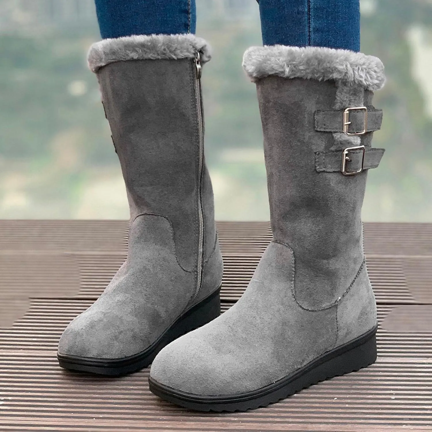 Work Boots Women's Suede Keep Warm Mid Calf Boots Wedge Platform Snow Booties Winter Pull On Buckle Bootie