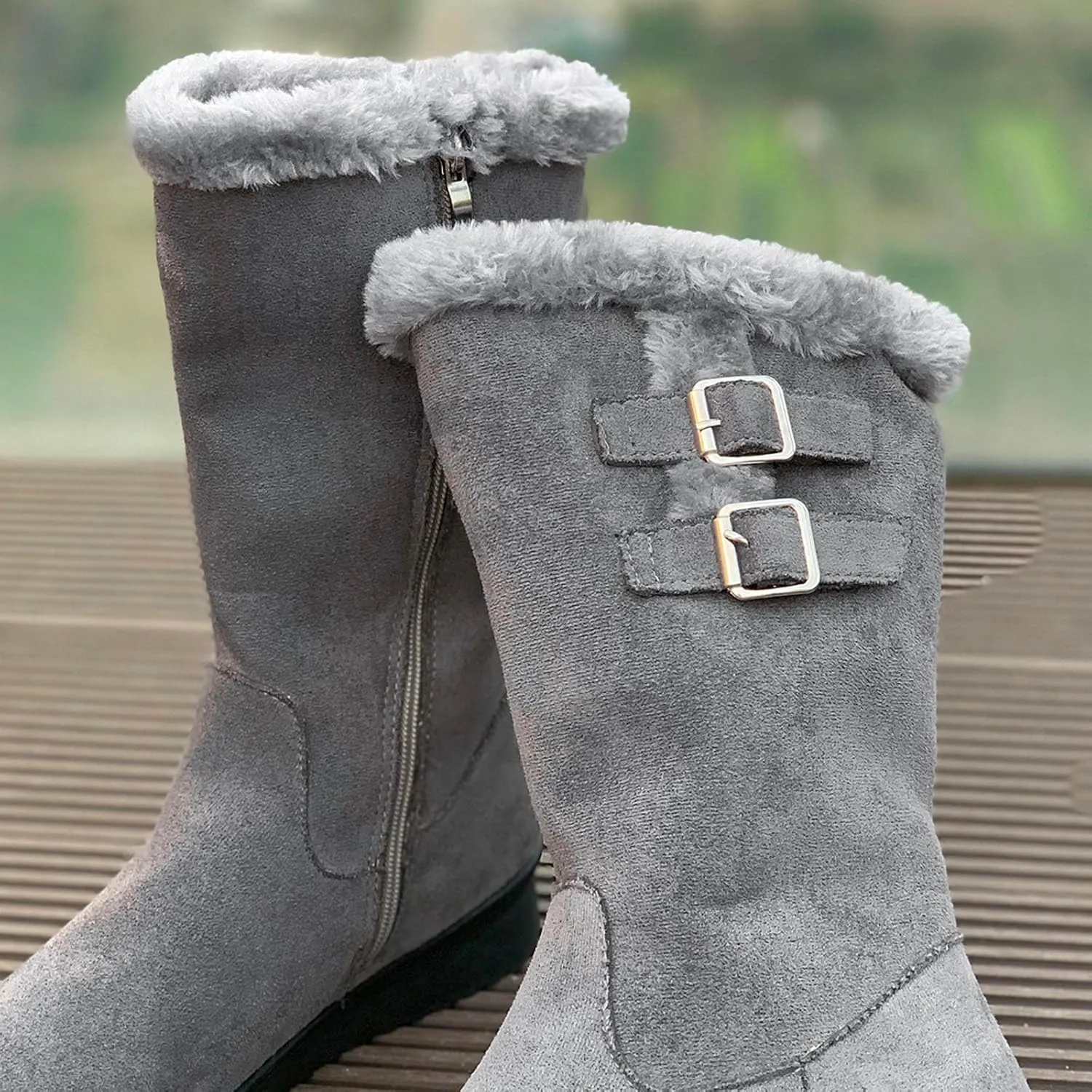 Work Boots Women's Suede Keep Warm Mid Calf Boots Wedge Platform Snow Booties Winter Pull On Buckle Bootie