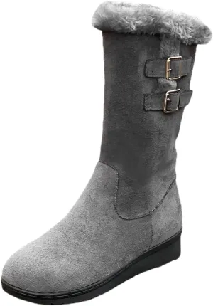 Work Boots Women's Suede Keep Warm Mid Calf Boots Wedge Platform Snow Booties Winter Pull On Buckle Bootie